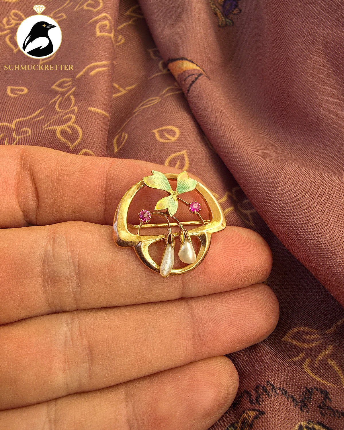 585 Gold Brosche mit Emaille, Rubinbesatz & Perlen – Jugendstil, um 1900