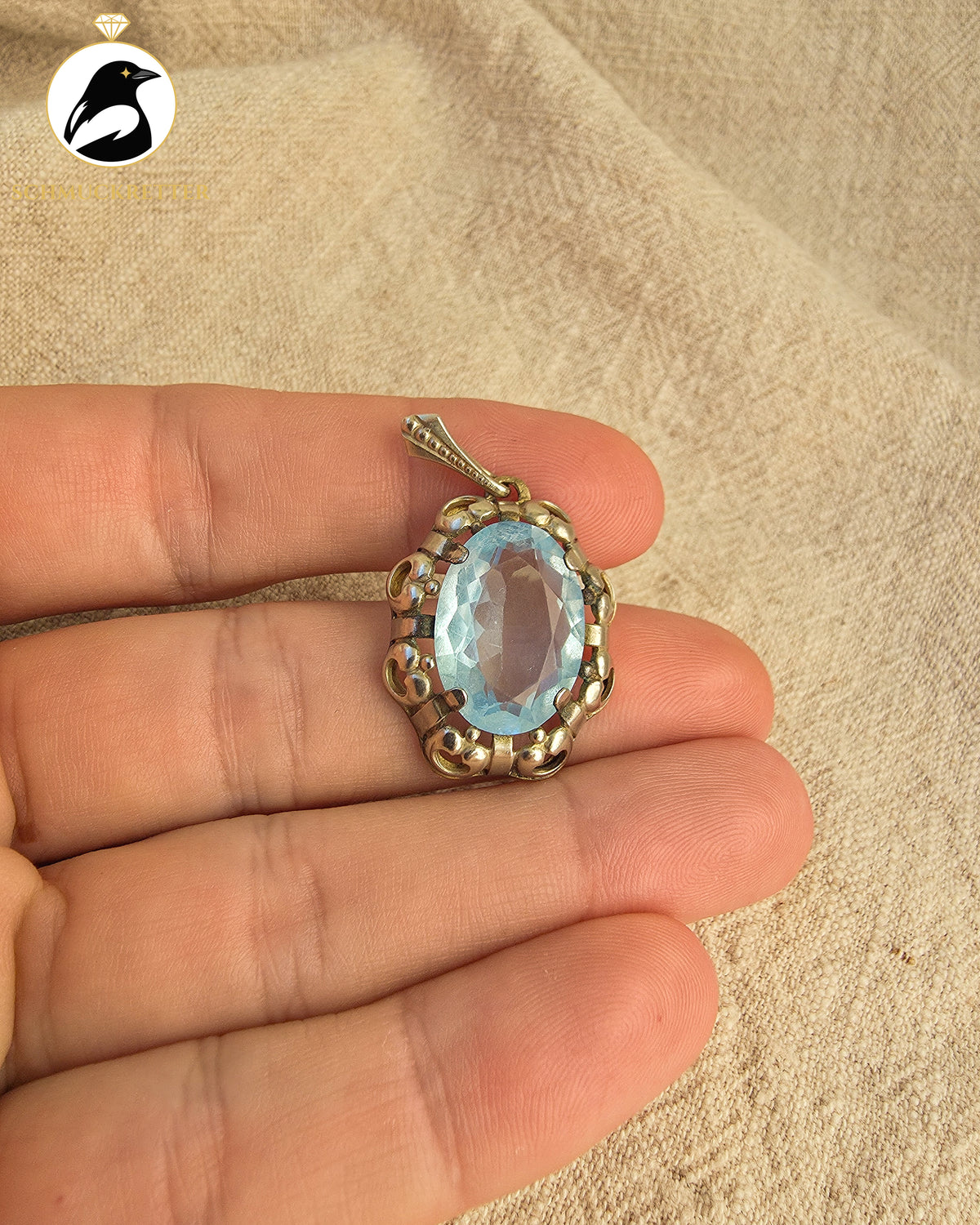 Himmelblau – Jugendstil Anhänger mit facettiertem Glasstein, Double