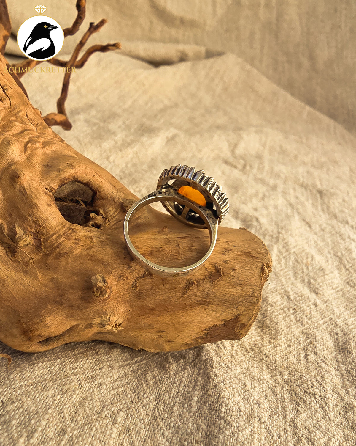 Modernistischer Ring aus 835er Silber mit großem Bernstein | 1950er–1960er-Jahre, Gr. 56