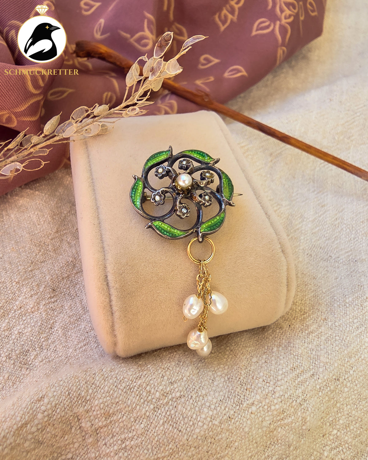 Blütentanz – Antike Jugendstil-Brosche aus Silber & 585 Gold mit Emaille und Perlen