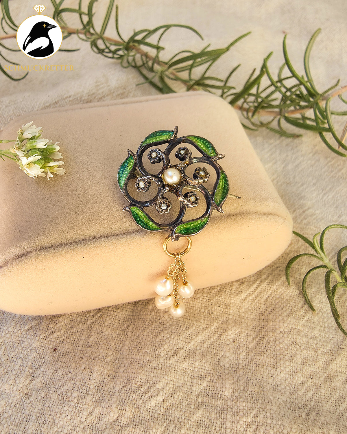 Blütentanz – Antike Jugendstil-Brosche aus Silber & 585 Gold mit Emaille und Perlen