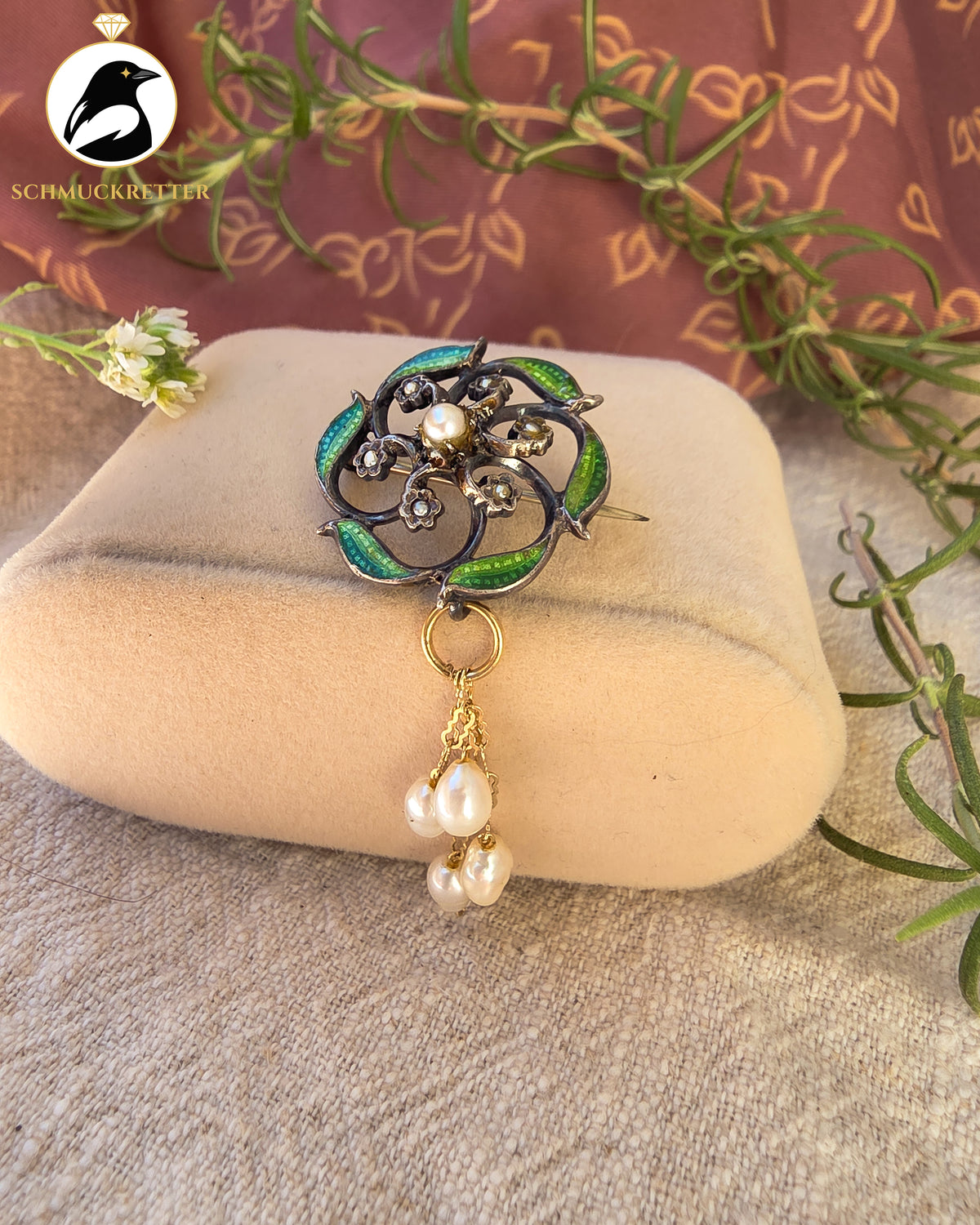 Blütentanz – Antike Jugendstil-Brosche aus Silber & 585 Gold mit Emaille und Perlen
