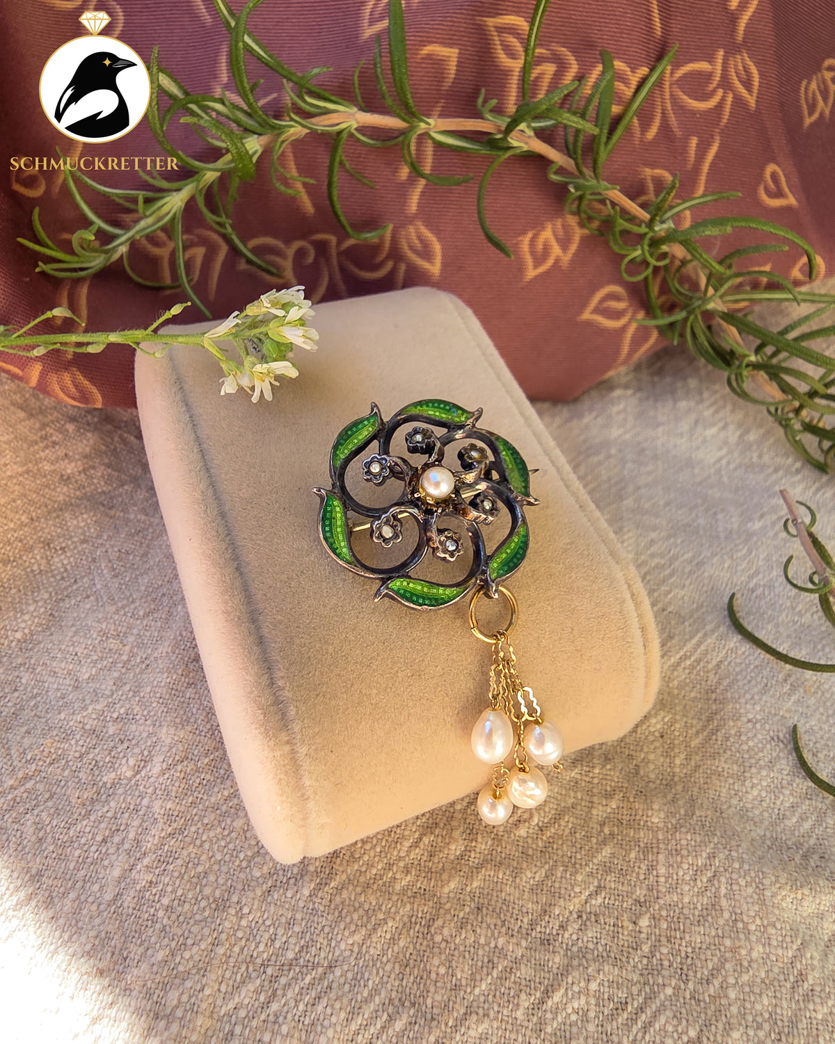 Blütentanz – Antike Jugendstil-Brosche aus Silber & 585 Gold mit Emaille und Perlen