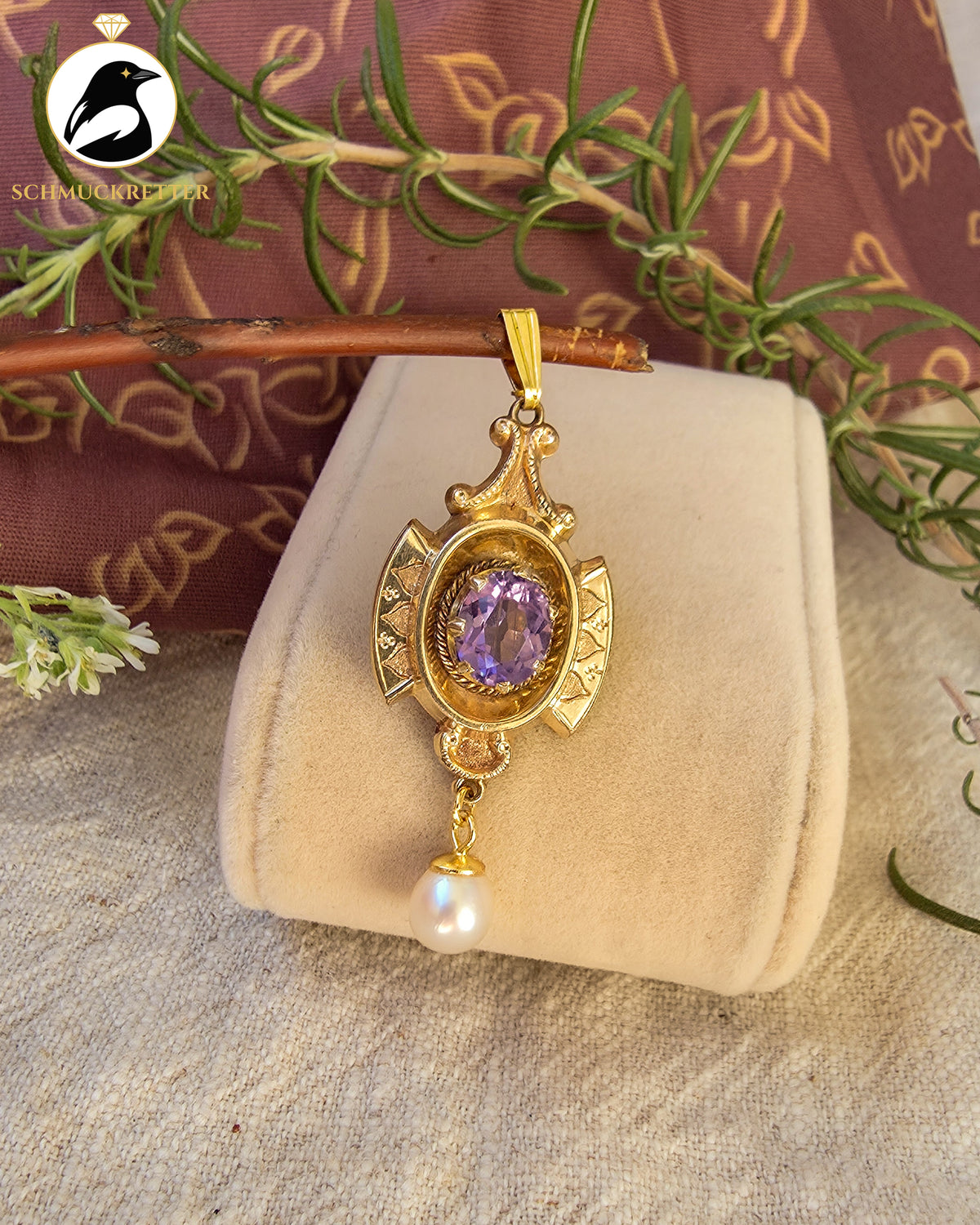 Romantik Pur! Historismus Anhänger mit violettem Glasstein & Jugendstilperle