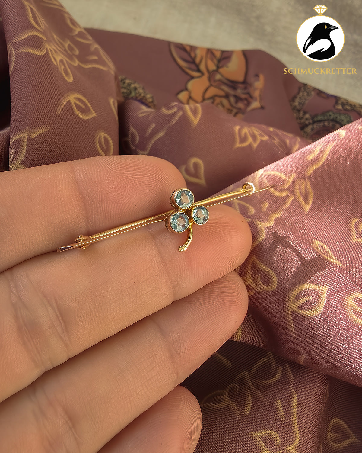 Antike englische Stabbrosche vor 1900 – 375 Gold & echter Aquamarin, SALE