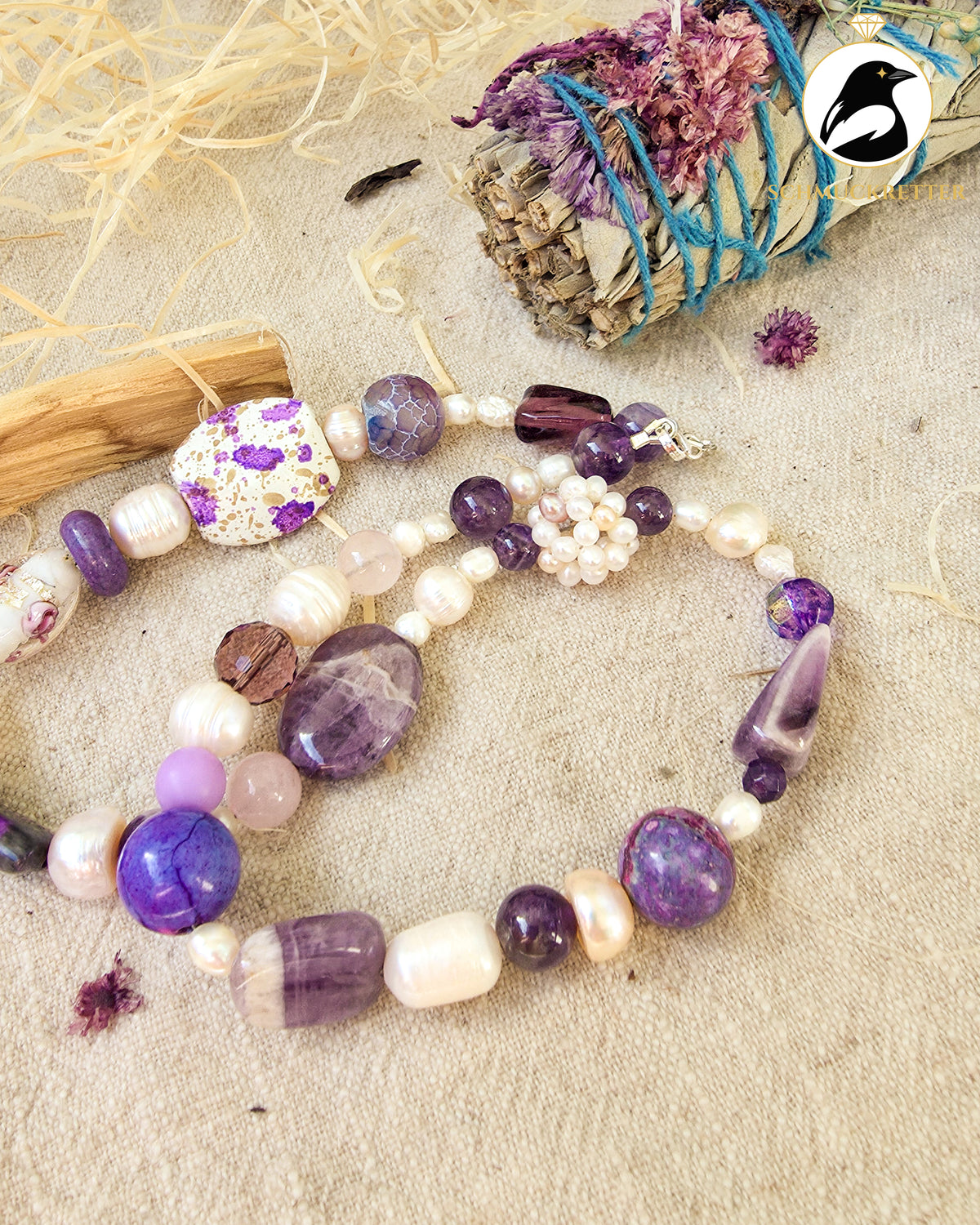 Lavendel & Leinen | Unikatkette mit Amethyst, Süßwasserperlen & 925 Silber