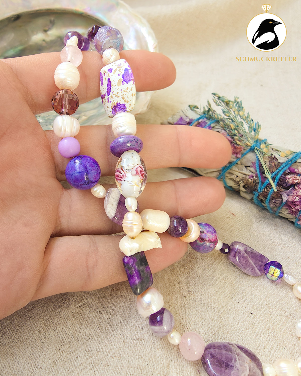 Lavendel & Leinen | Unikatkette mit Amethyst, Süßwasserperlen & 925 Silber