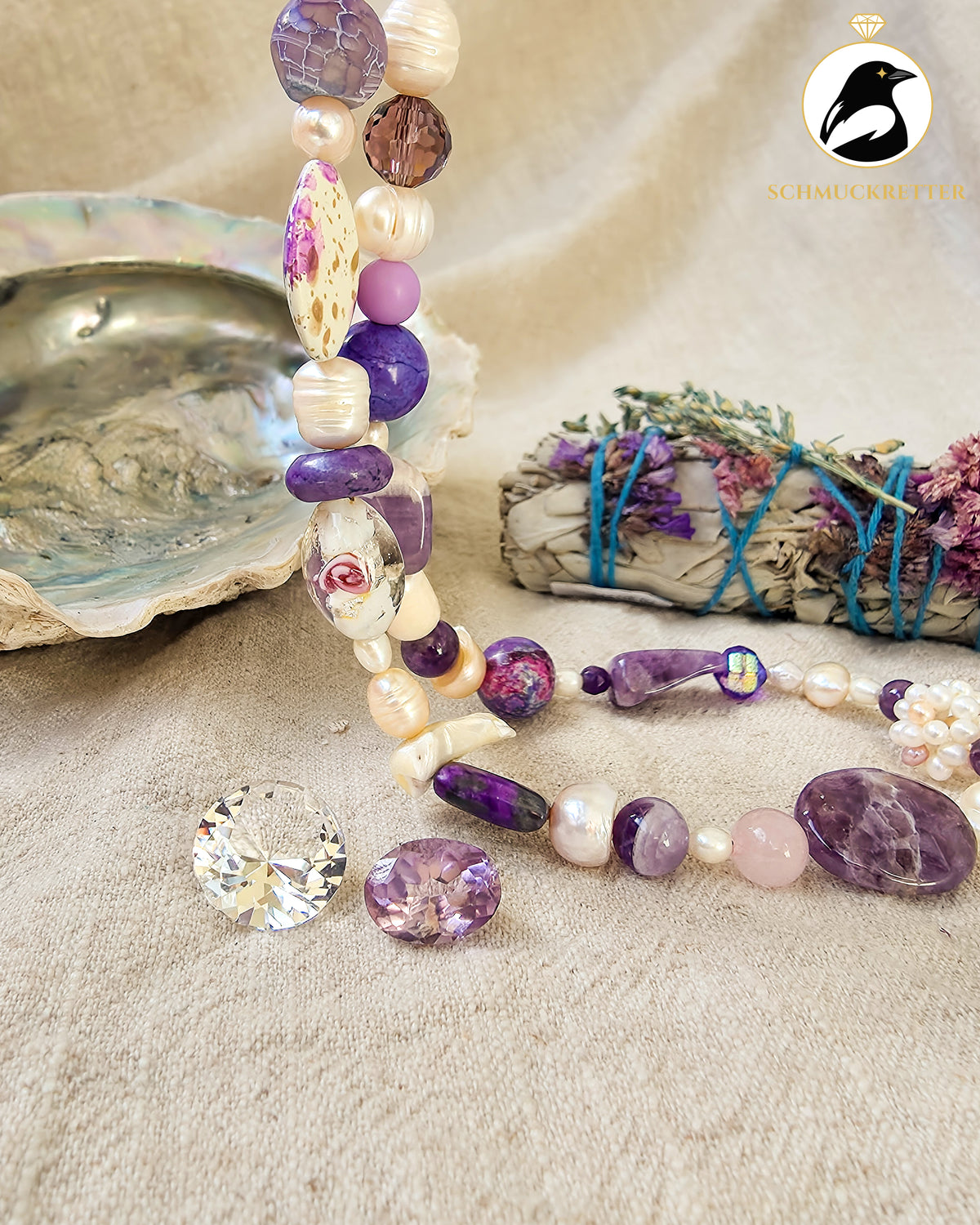 Lavendel & Leinen | Unikatkette mit Amethyst, Süßwasserperlen & 925 Silber