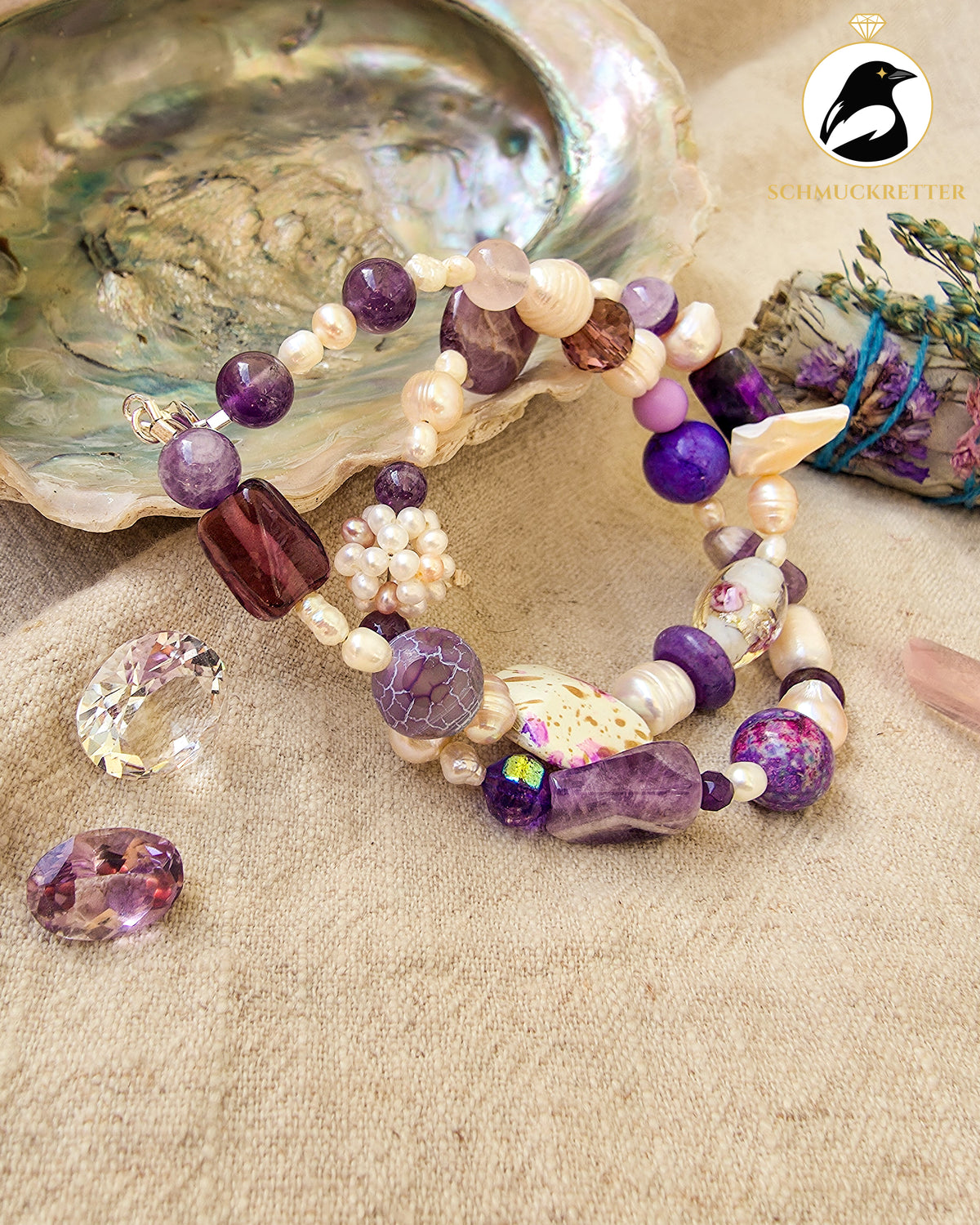 Lavendel & Leinen | Unikatkette mit Amethyst, Süßwasserperlen & 925 Silber