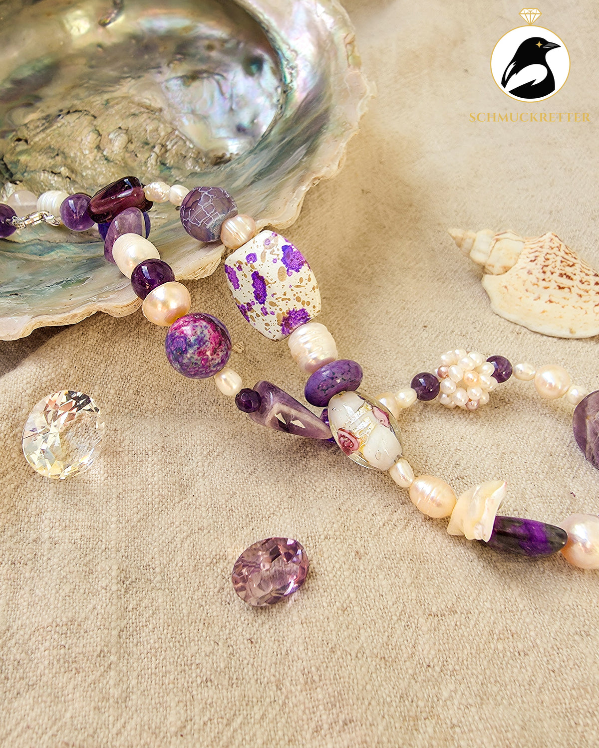 Lavendel & Leinen | Unikatkette mit Amethyst, Süßwasserperlen & 925 Silber