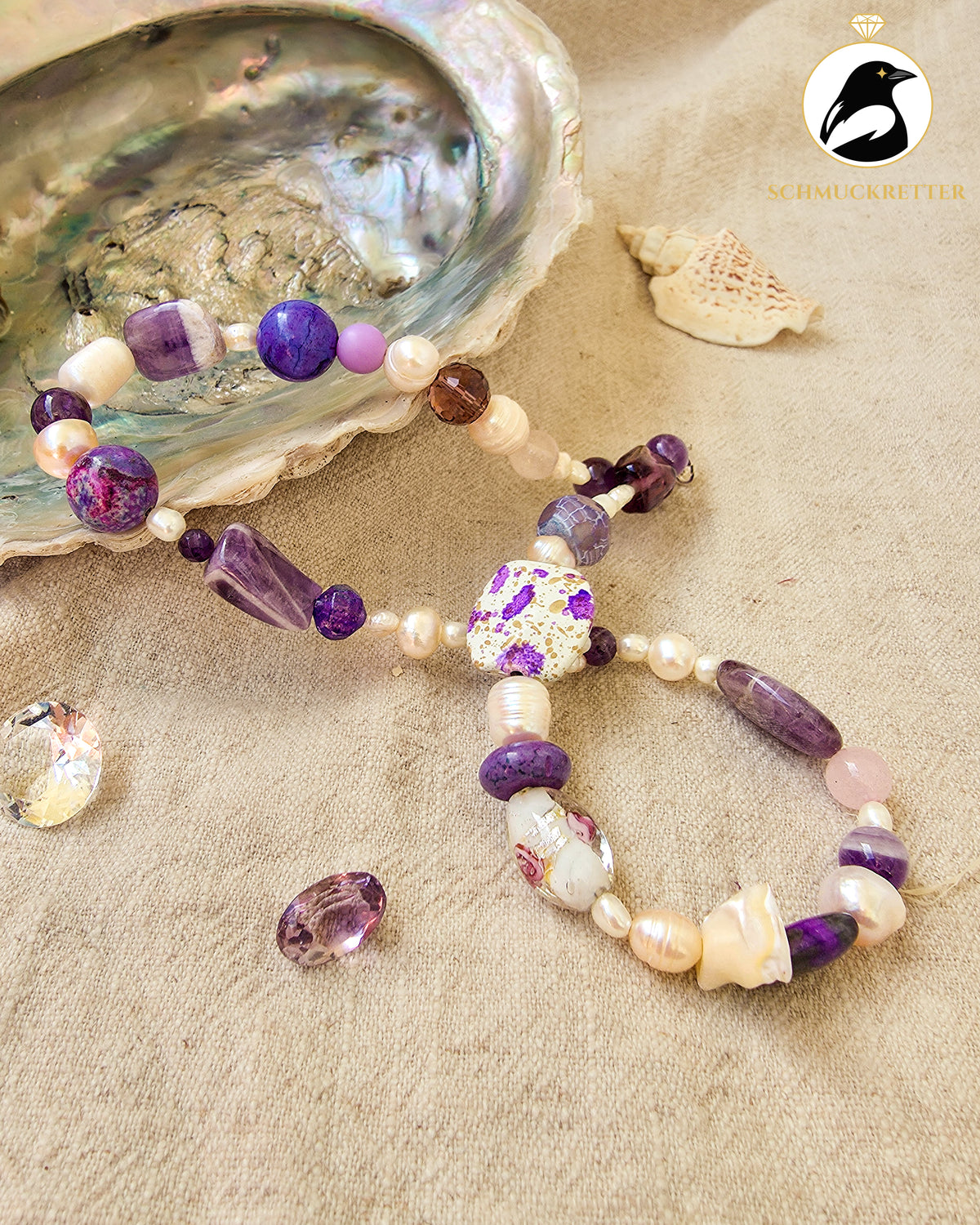 Lavendel & Leinen | Unikatkette mit Amethyst, Süßwasserperlen & 925 Silber