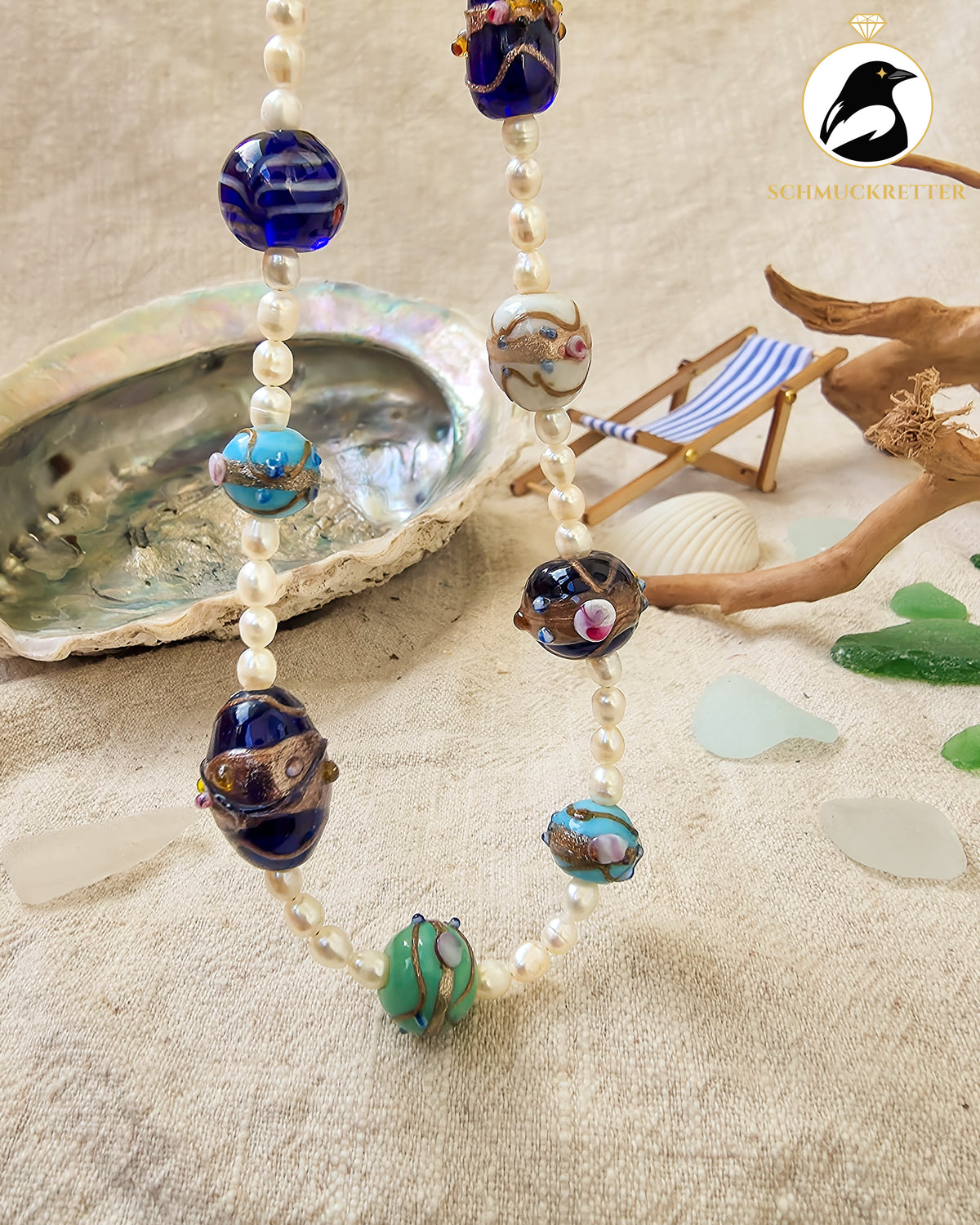 Murmel & Meer | Unikatkette mit Glas- & Süßwasserperlen, 925 Silber