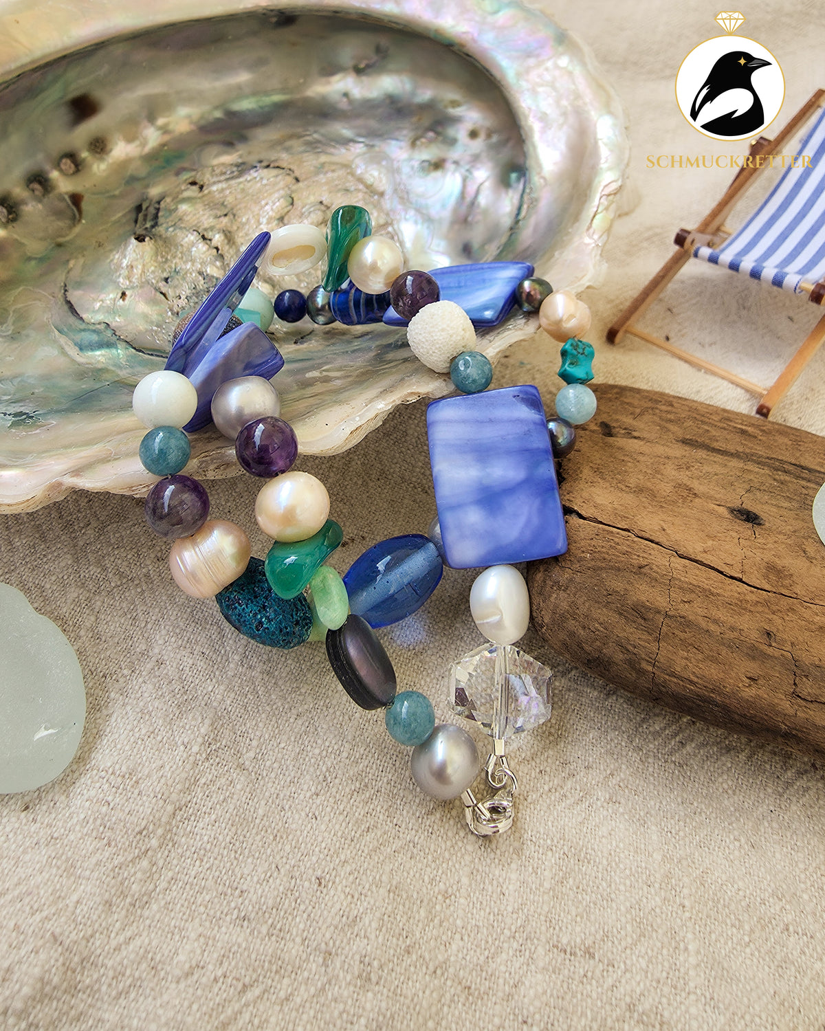 Mondlicht & Muscheln | Unikatkette mit Edelsteinen, Süßwasserperlen & 925 Silber