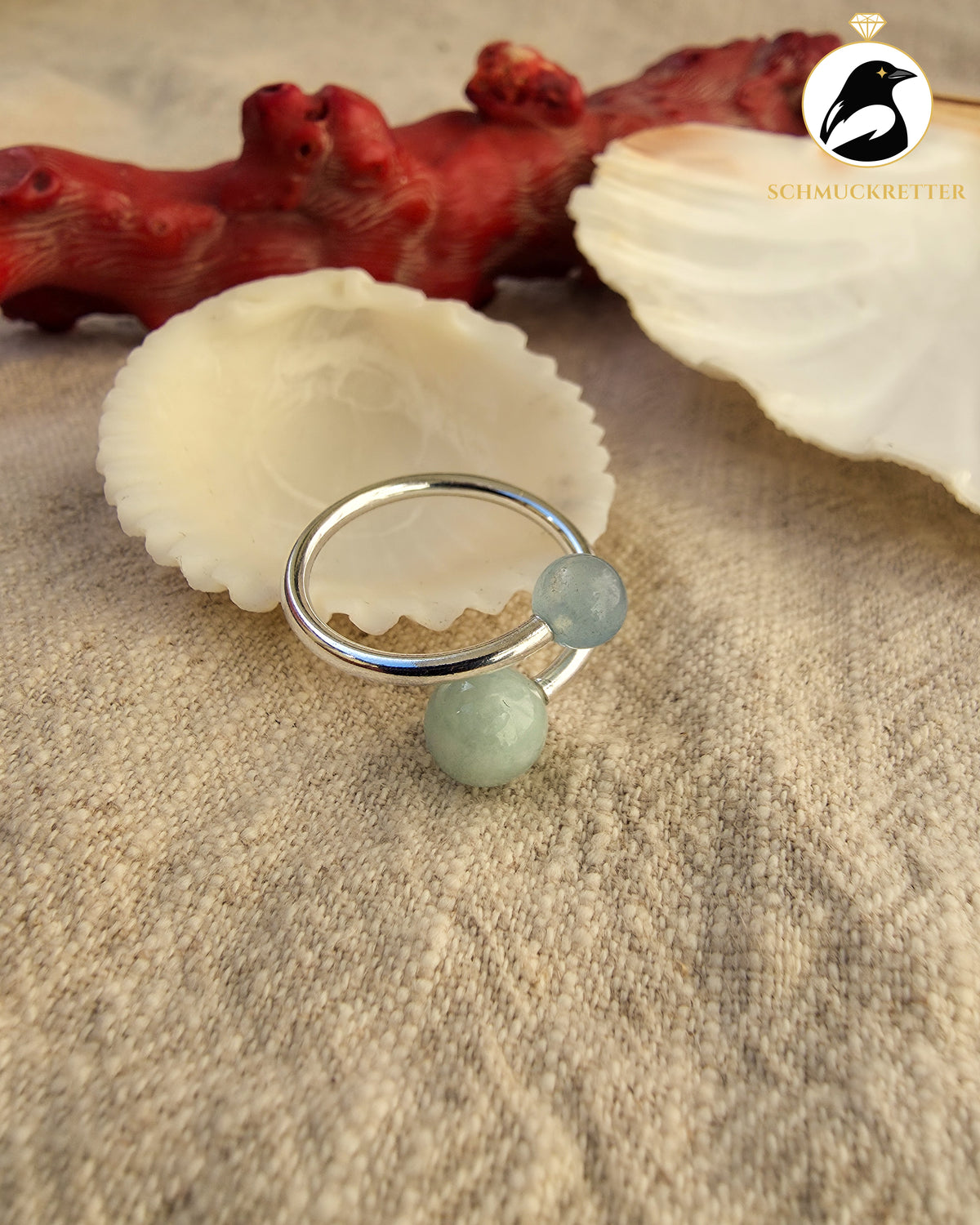 Double Trouble | Offener Kugelring mit Aquamarin & Jade aus 925 Silber, Gr. 56/57