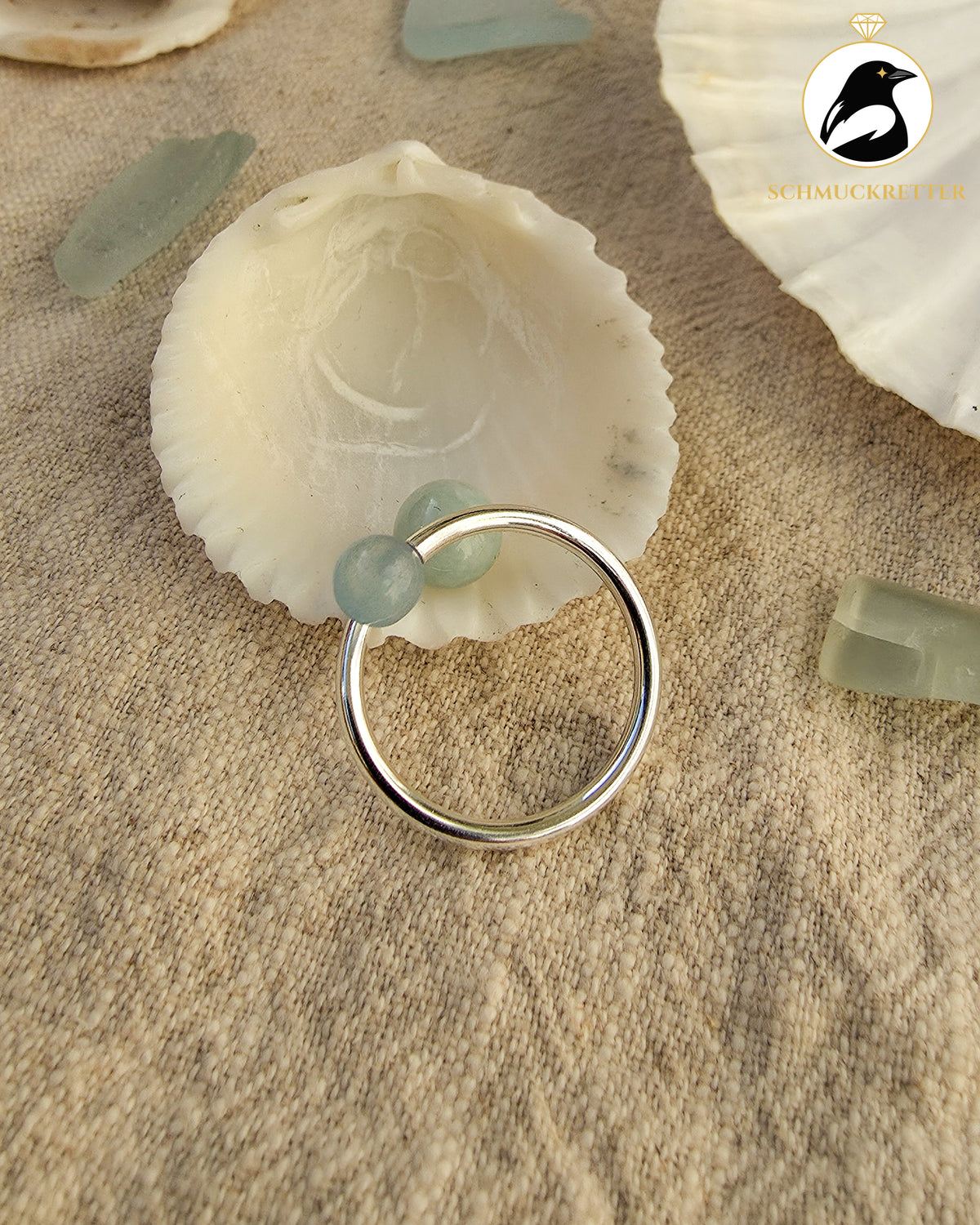 Double Trouble | Offener Kugelring mit Aquamarin & Jade aus 925 Silber, Gr. 56/57