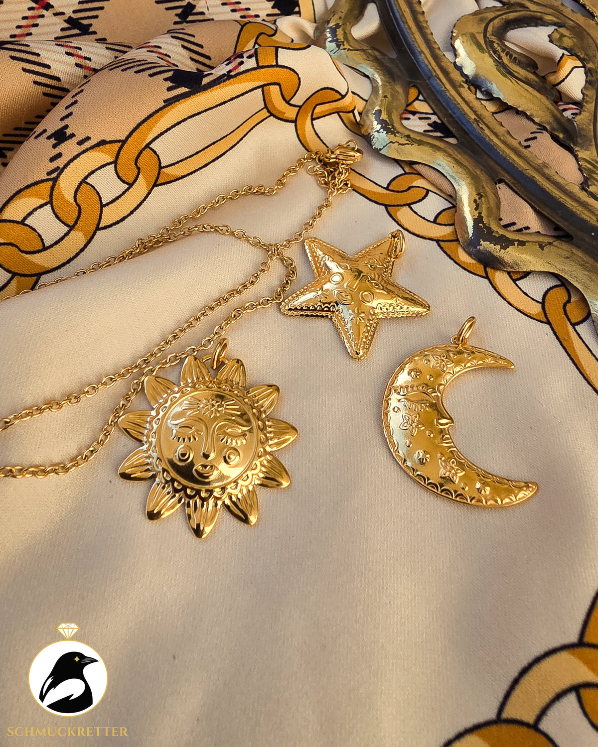 Set: Sonne, Mond & Sterne│Anhänger und Kette aus vergoldetem Edelstahl