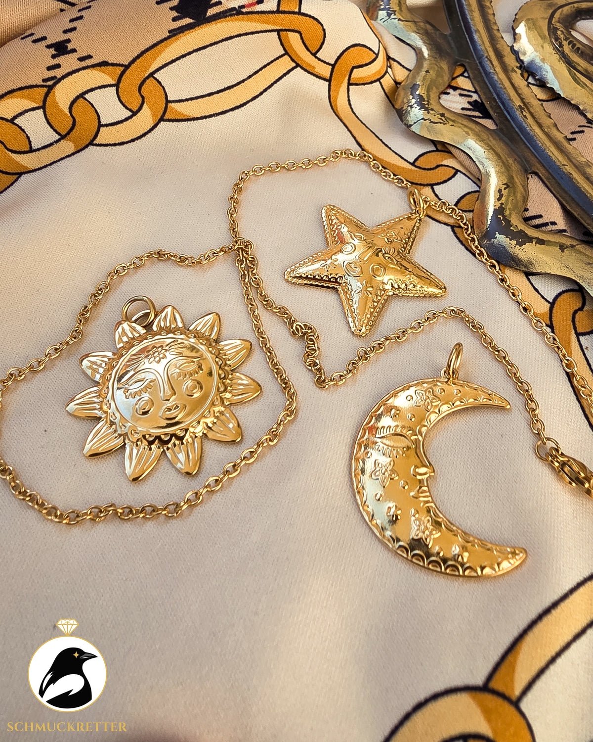 Set: Sonne, Mond & Sterne│Anhänger und Kette aus vergoldetem Edelstahl