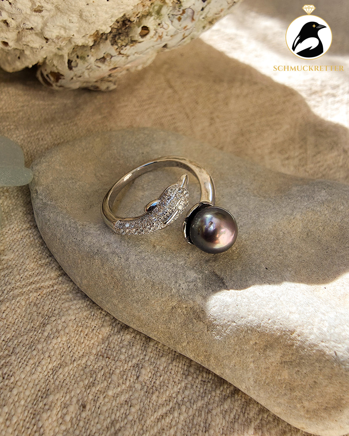 Delfinträume – Tahiti-Perlenring mit Zirkonia aus 925 Silber, verstellbar