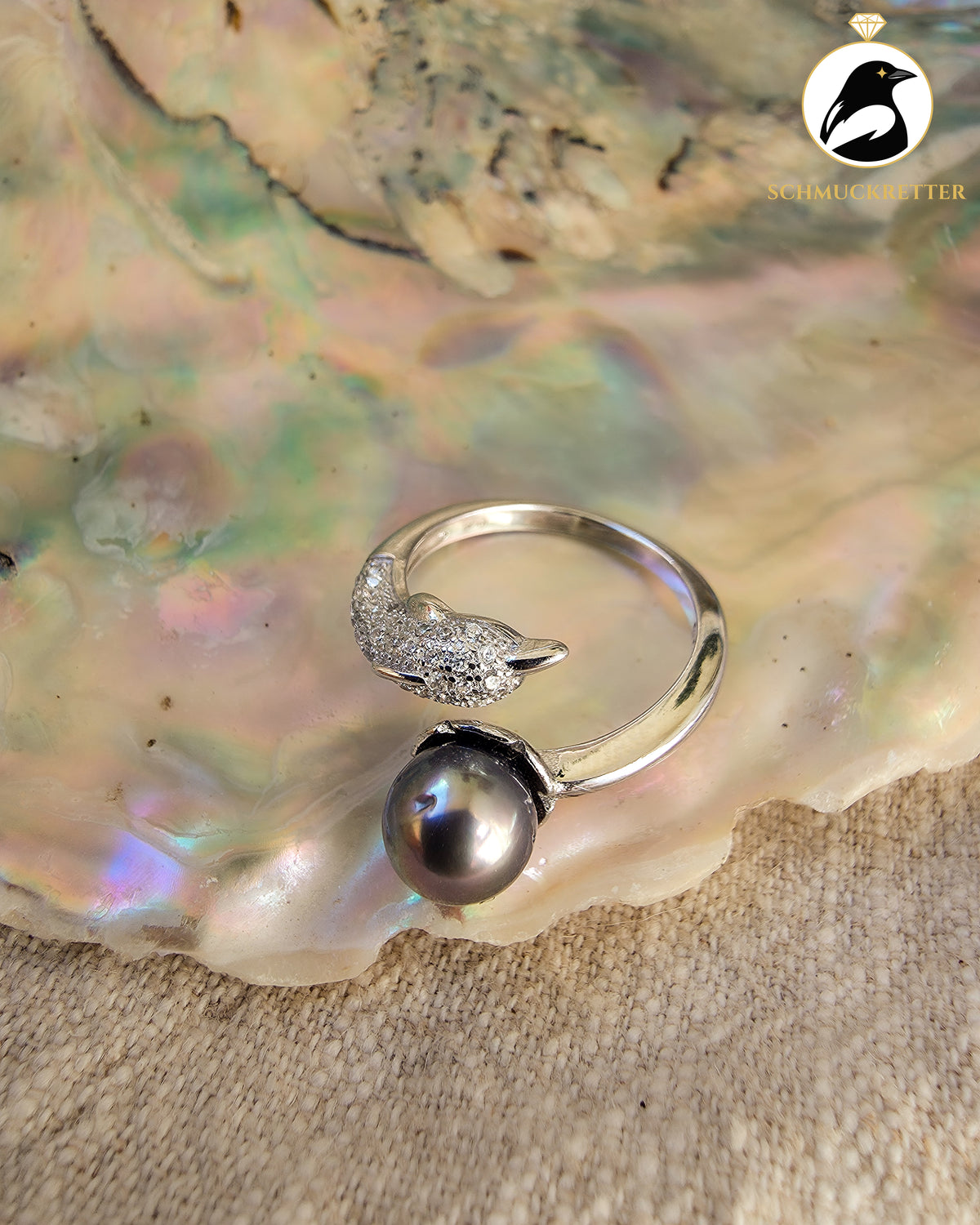 Delfinträume – Tahiti-Perlenring mit Zirkonia aus 925 Silber, verstellbar