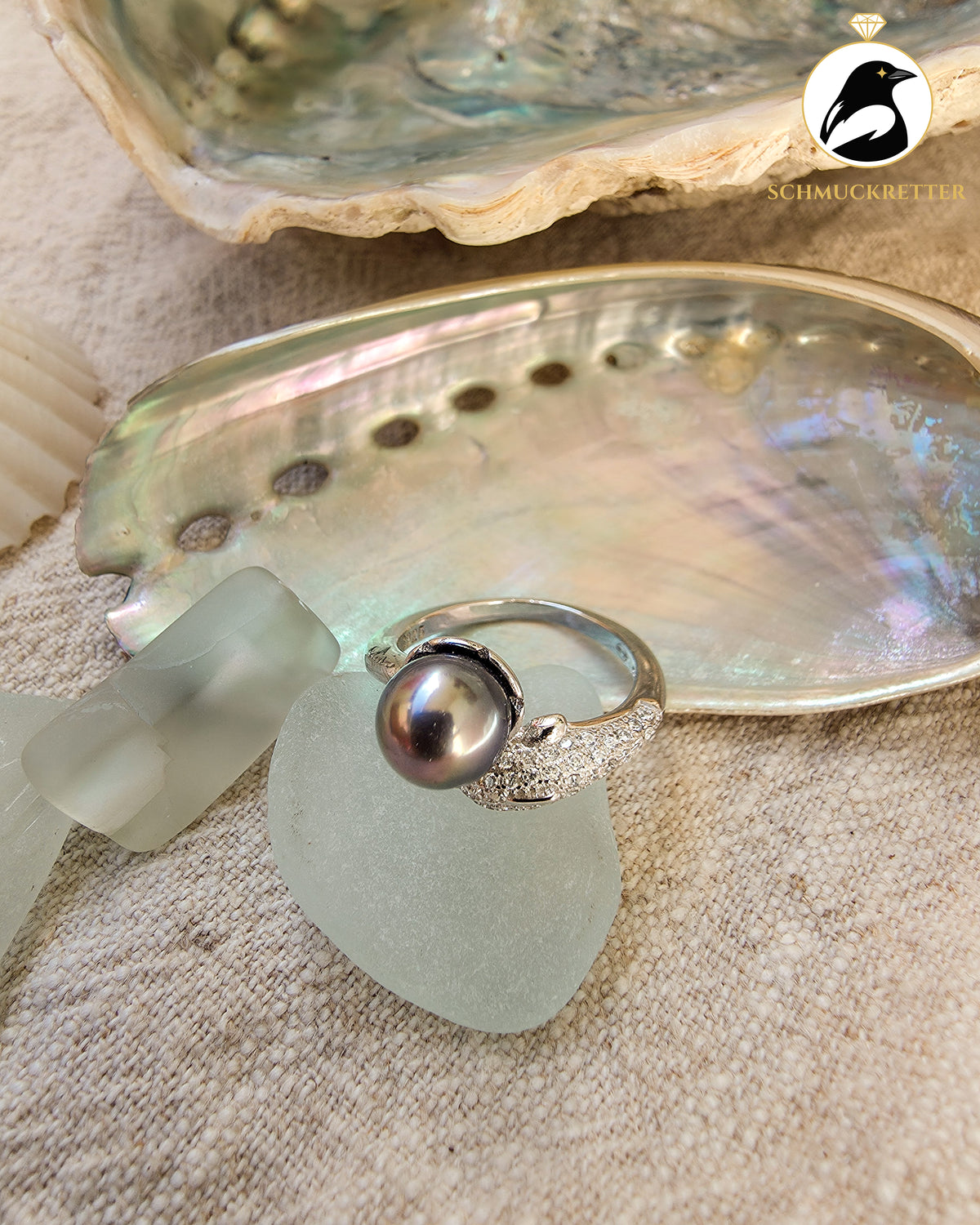 Delfinträume – Tahiti-Perlenring mit Zirkonia aus 925 Silber, verstellbar