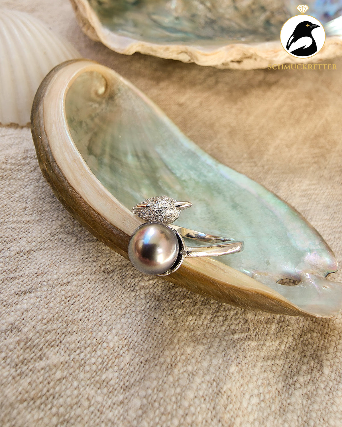 Delfinträume – Tahiti-Perlenring mit Zirkonia aus 925 Silber, verstellbar