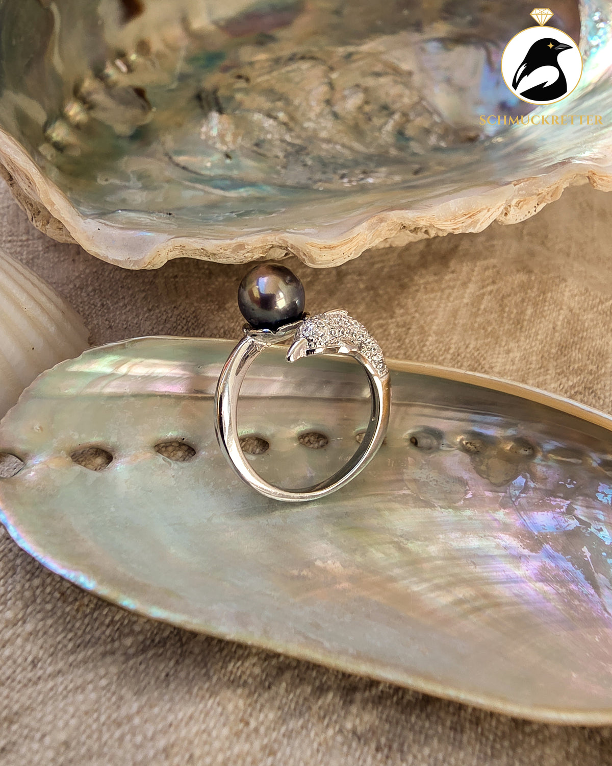 Delfinträume – Tahiti-Perlenring mit Zirkonia aus 925 Silber, verstellbar
