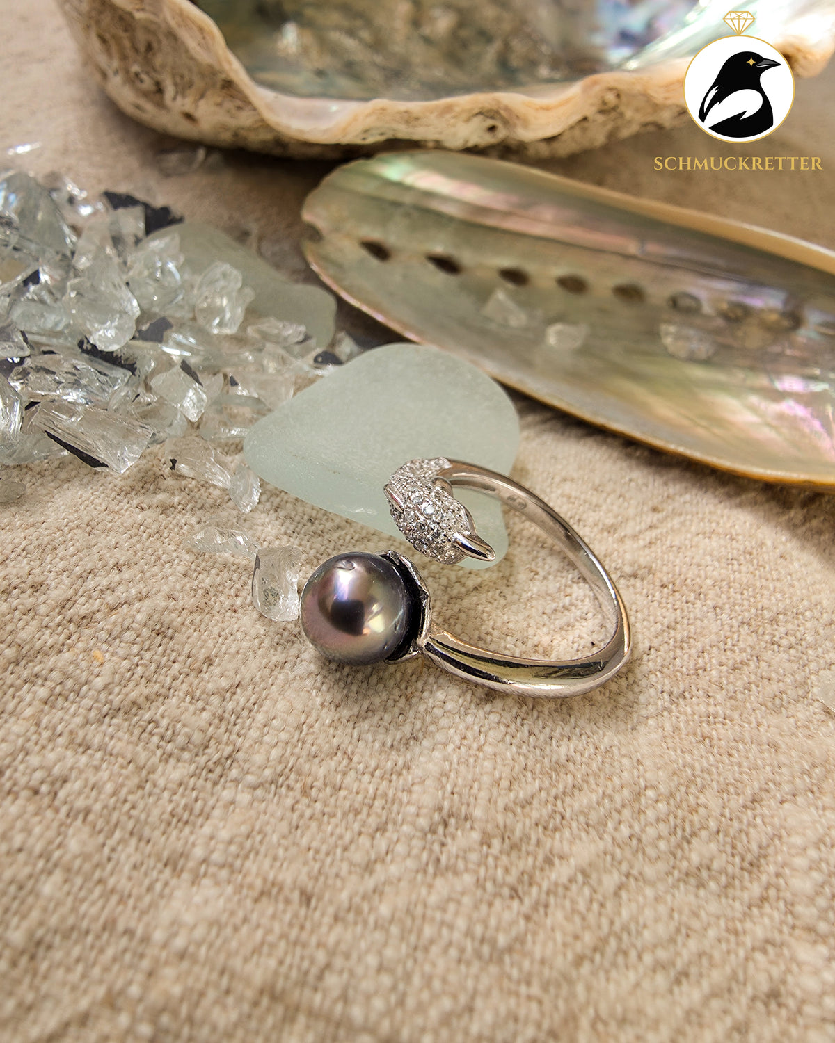 Delfinträume – Tahiti-Perlenring mit Zirkonia aus 925 Silber, verstellbar