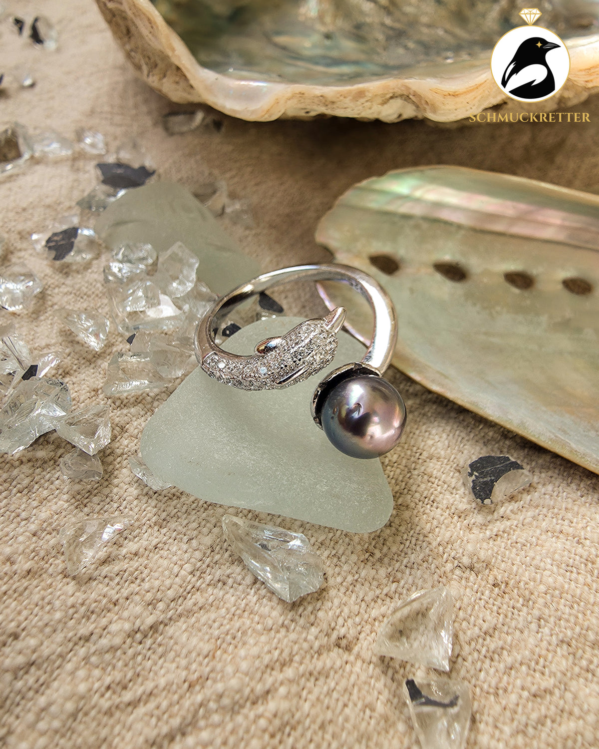 Delfinträume – Tahiti-Perlenring mit Zirkonia aus 925 Silber, verstellbar
