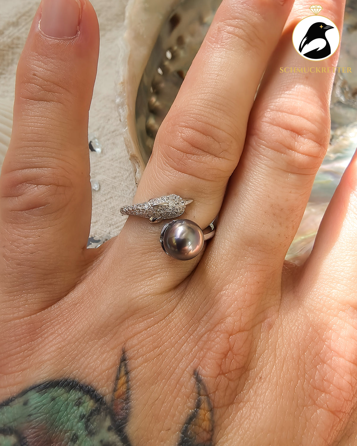 Delfinträume – Tahiti-Perlenring mit Zirkonia aus 925 Silber, verstellbar
