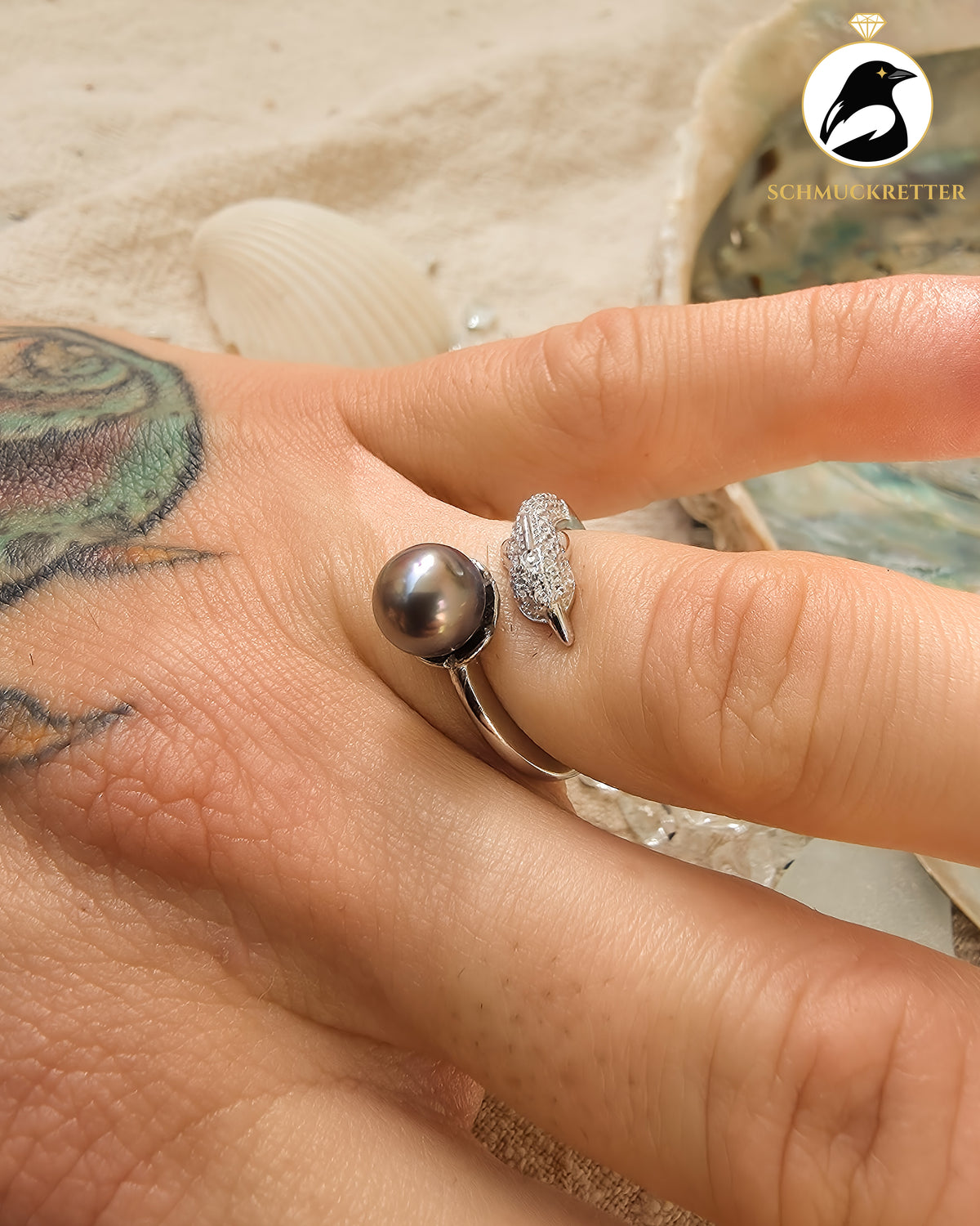 Delfinträume – Tahiti-Perlenring mit Zirkonia aus 925 Silber, verstellbar