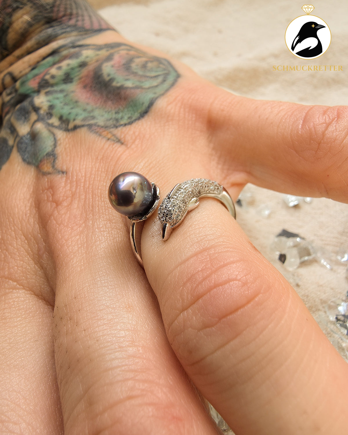 Delfinträume – Tahiti-Perlenring mit Zirkonia aus 925 Silber, verstellbar