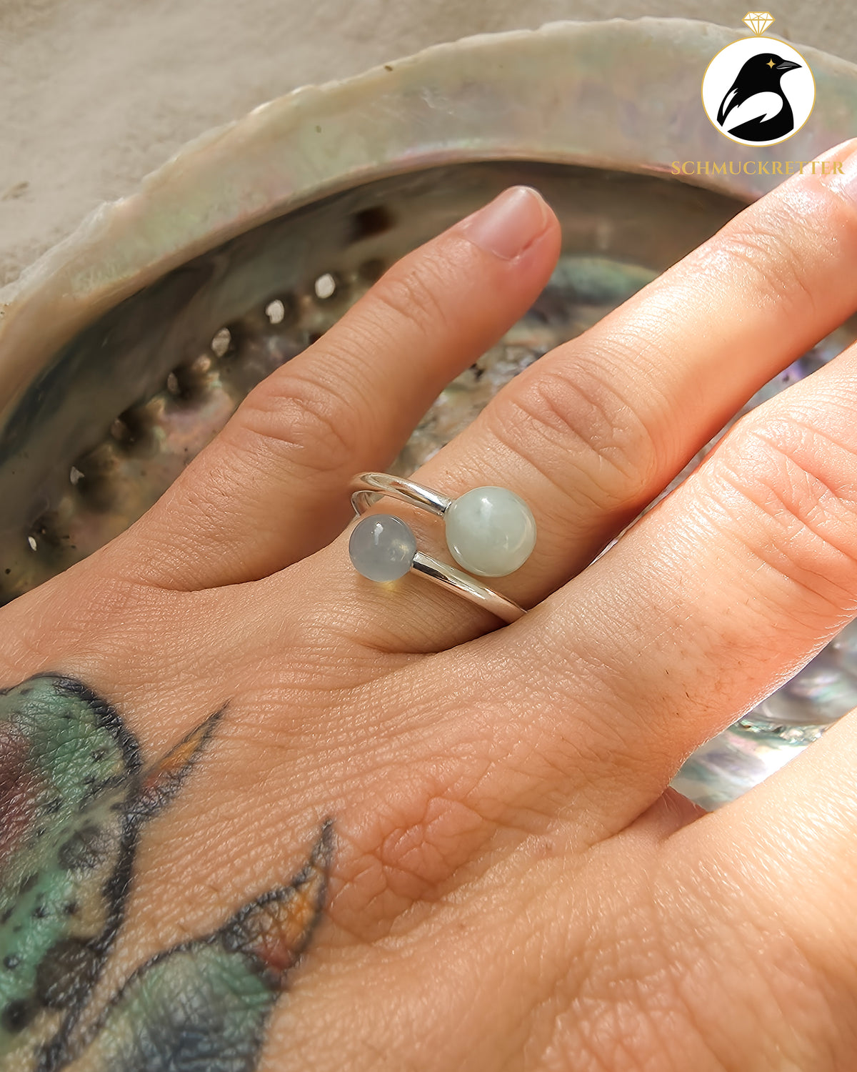 Double Trouble | Offener Kugelring mit Aquamarin & Jade aus 925 Silber, Gr. 56/57