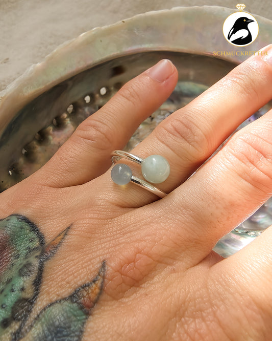 Double Trouble | Offener Kugelring mit Aquamarin & Jade aus 925 Silber