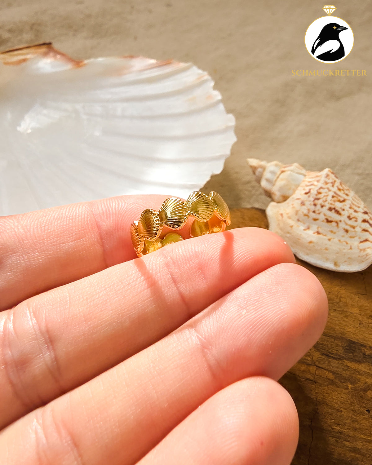 Muschel-Ring aus vergoldetem Edelstahl, verstellbar