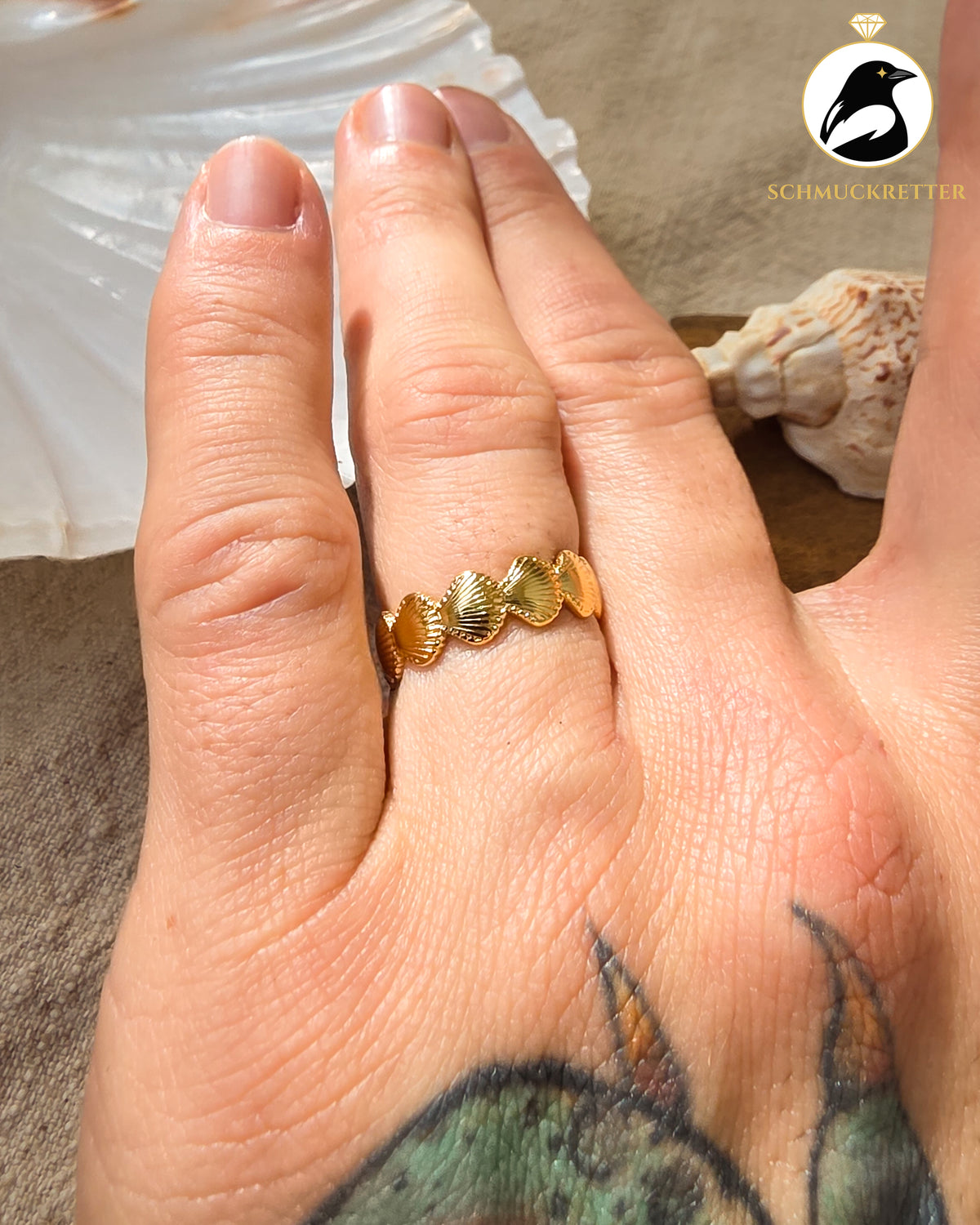 Muschel-Ring aus vergoldetem Edelstahl, verstellbar