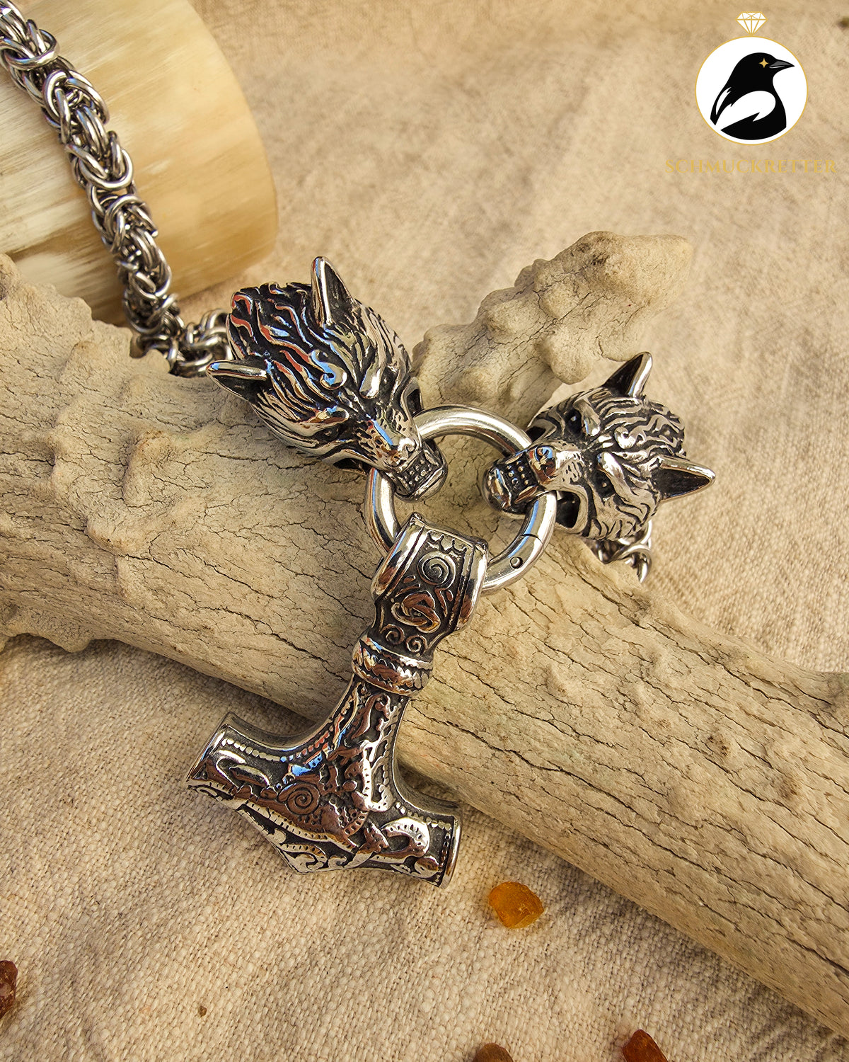 Massive Thorshammer-Kette mit Wolfsköpfen – Edelstahl, nordischer Wikinger-Stil