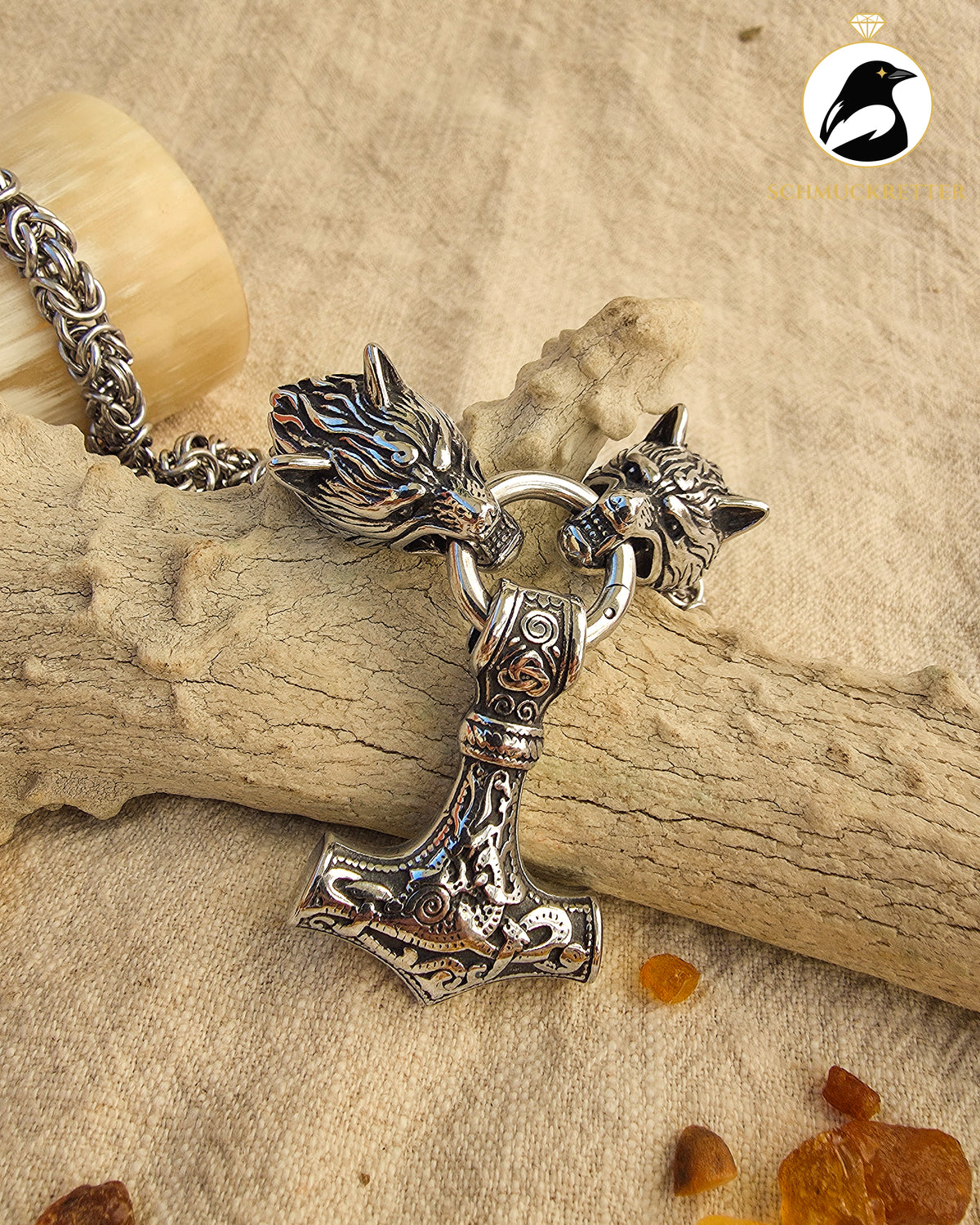 Massive Thorshammer-Kette mit Wolfsköpfen – Edelstahl, nordischer Wikinger-Stil