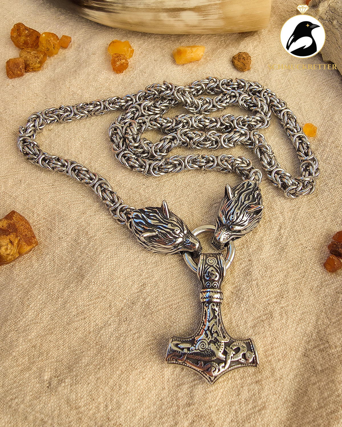 Massive Thorshammer-Kette mit Wolfsköpfen – Edelstahl, nordischer Wikinger-Stil