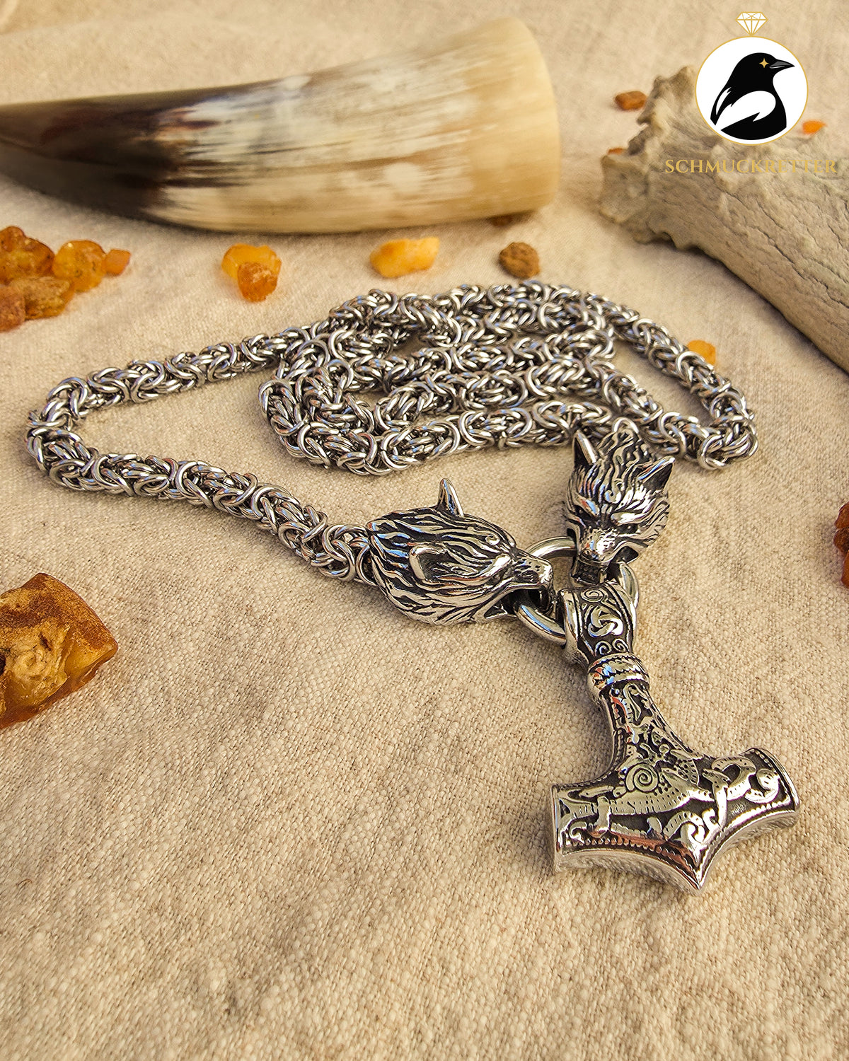 Massive Thorshammer-Kette mit Wolfsköpfen – Edelstahl, nordischer Wikinger-Stil