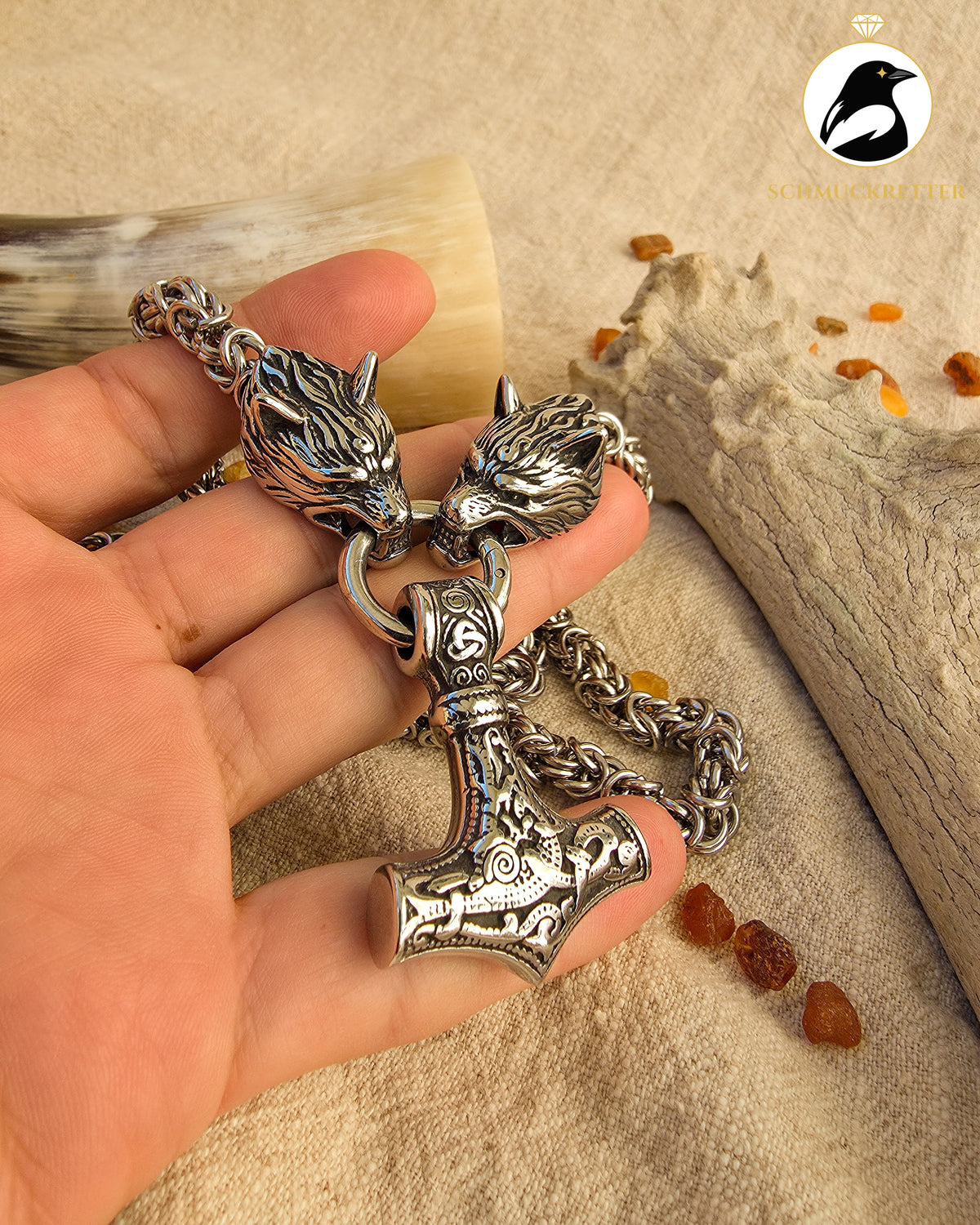Massive Thorshammer-Kette mit Wolfsköpfen – Edelstahl, nordischer Wikinger-Stil