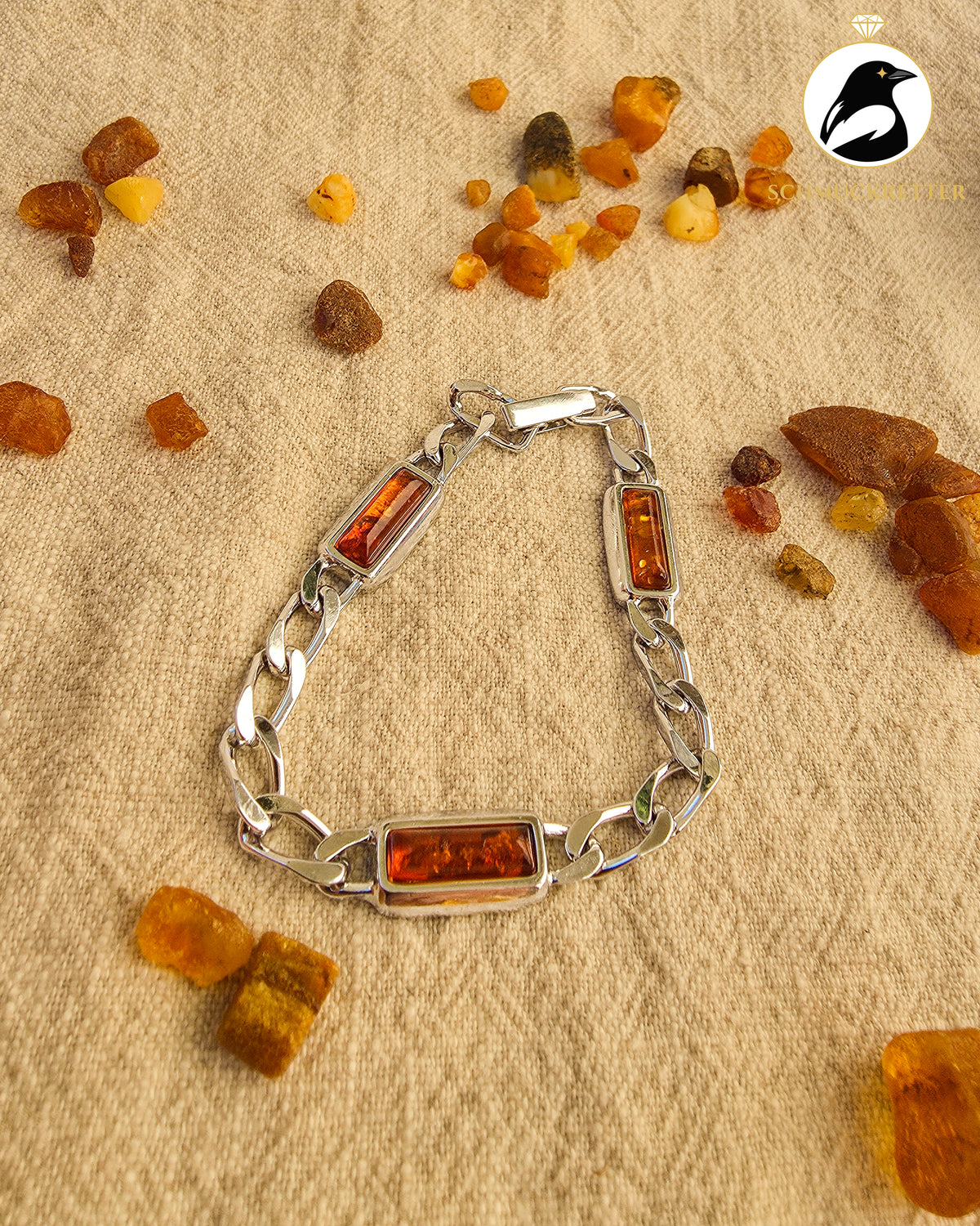 Massives 835 Silber Panzerarmband mit Bernstein
