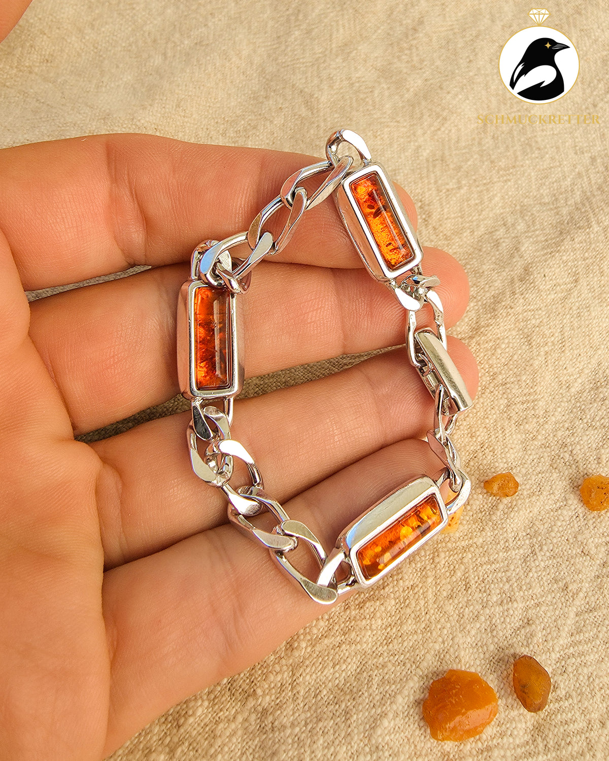 Massives 835 Silber Panzerarmband mit Bernstein