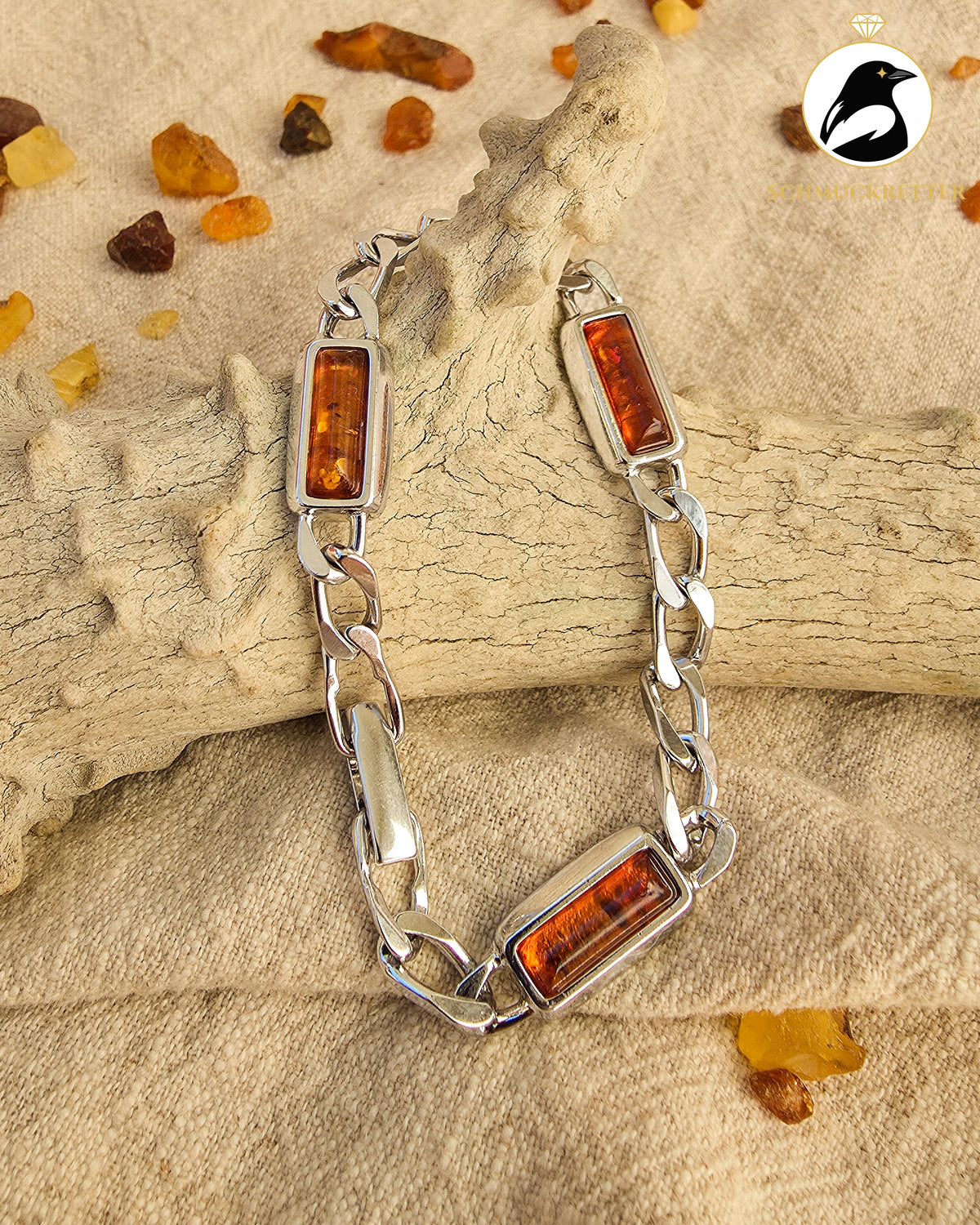 Massives 835 Silber Panzerarmband mit Bernstein
