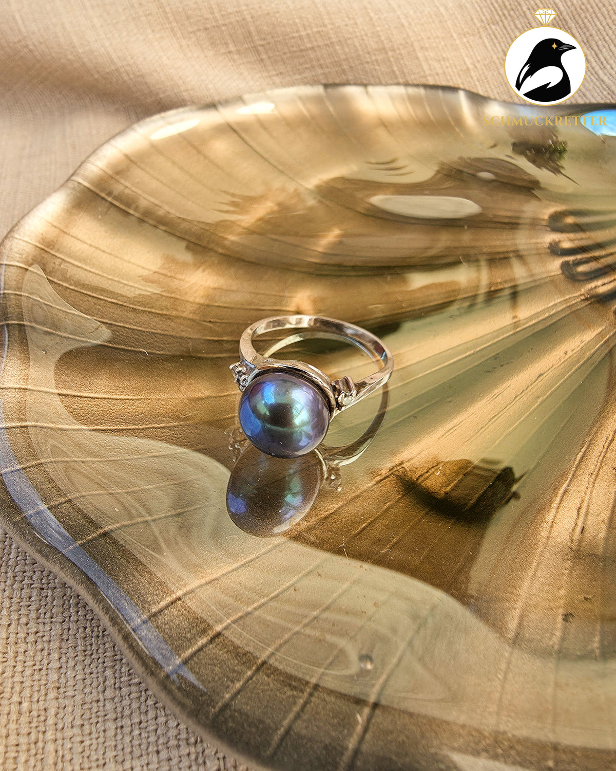 Ring aus 925 Silber mit dunkler Perle & Zirkonia - Gr. 56