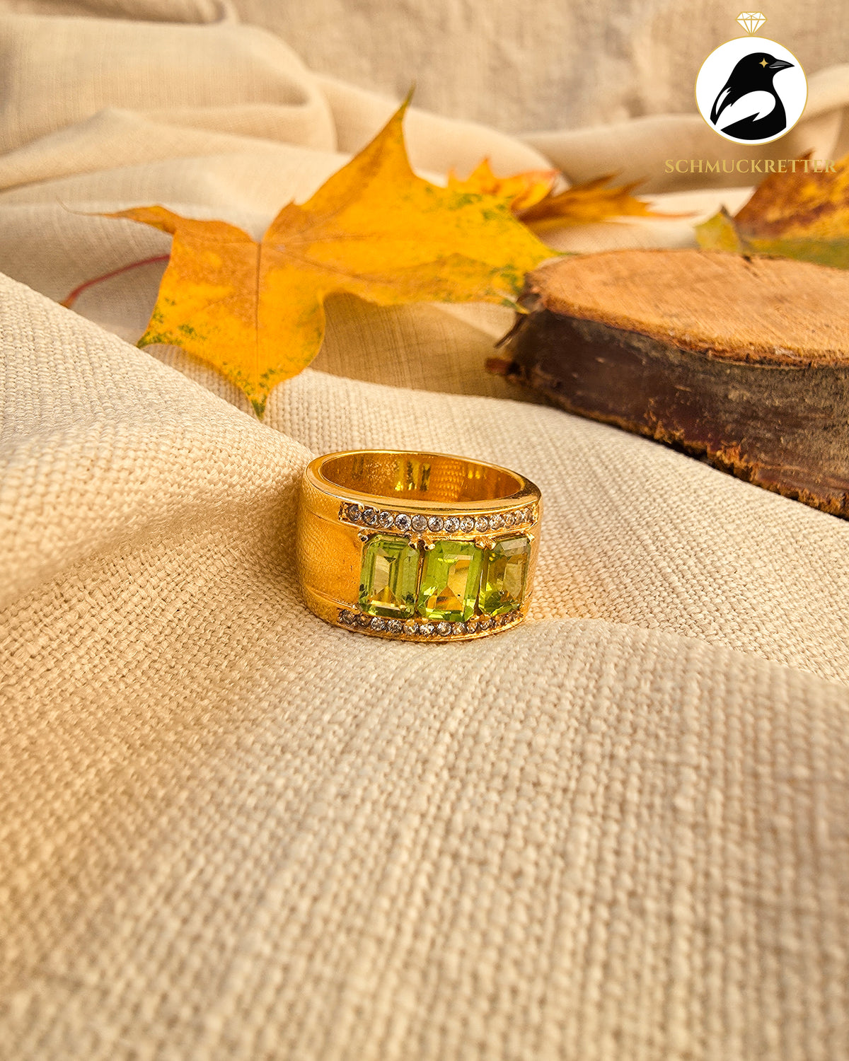 Breiter Ring aus vergoldetem 316 Edelstahl mit Peridot und Zirkonia, Gr. 60, SALE