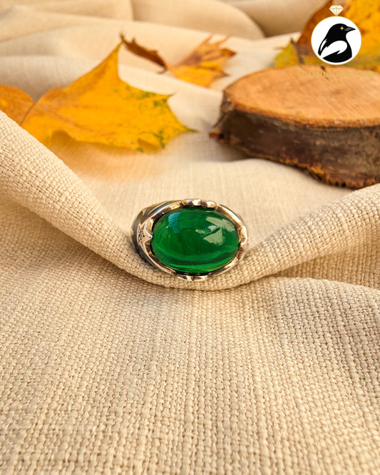 David Sigal: Ring aus 925 Silber mit grünem Stein & Emaille, Gr. 57, SALE
