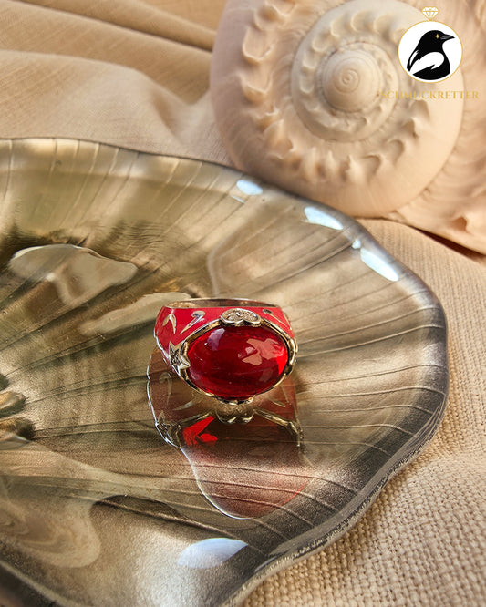 David Sigal: Ring aus 925 Silber mit rotem Stein & Emaille, Gr. 60, SALE