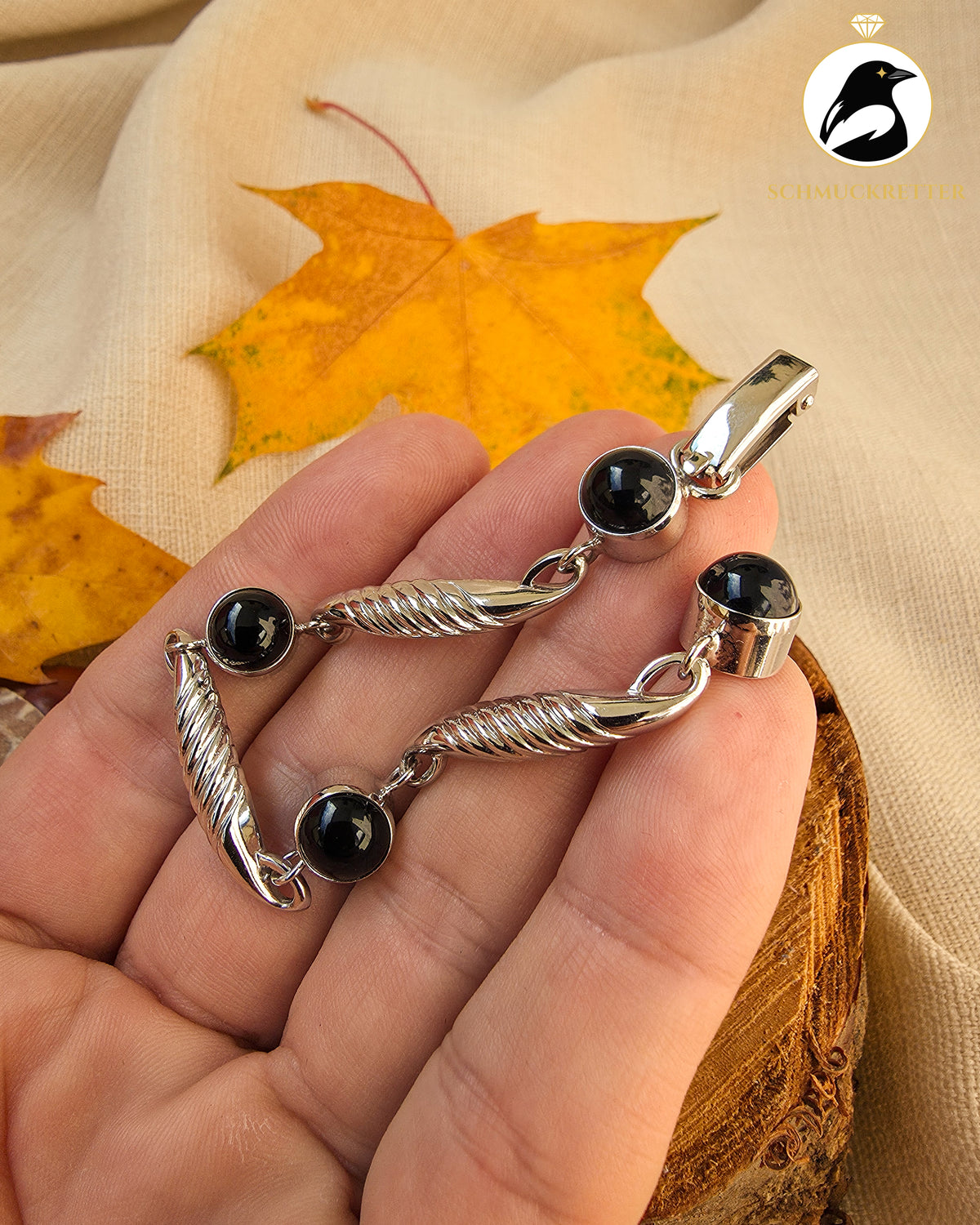 Armband aus rhodiniertem 835 Silber mit Onyx, Vintage