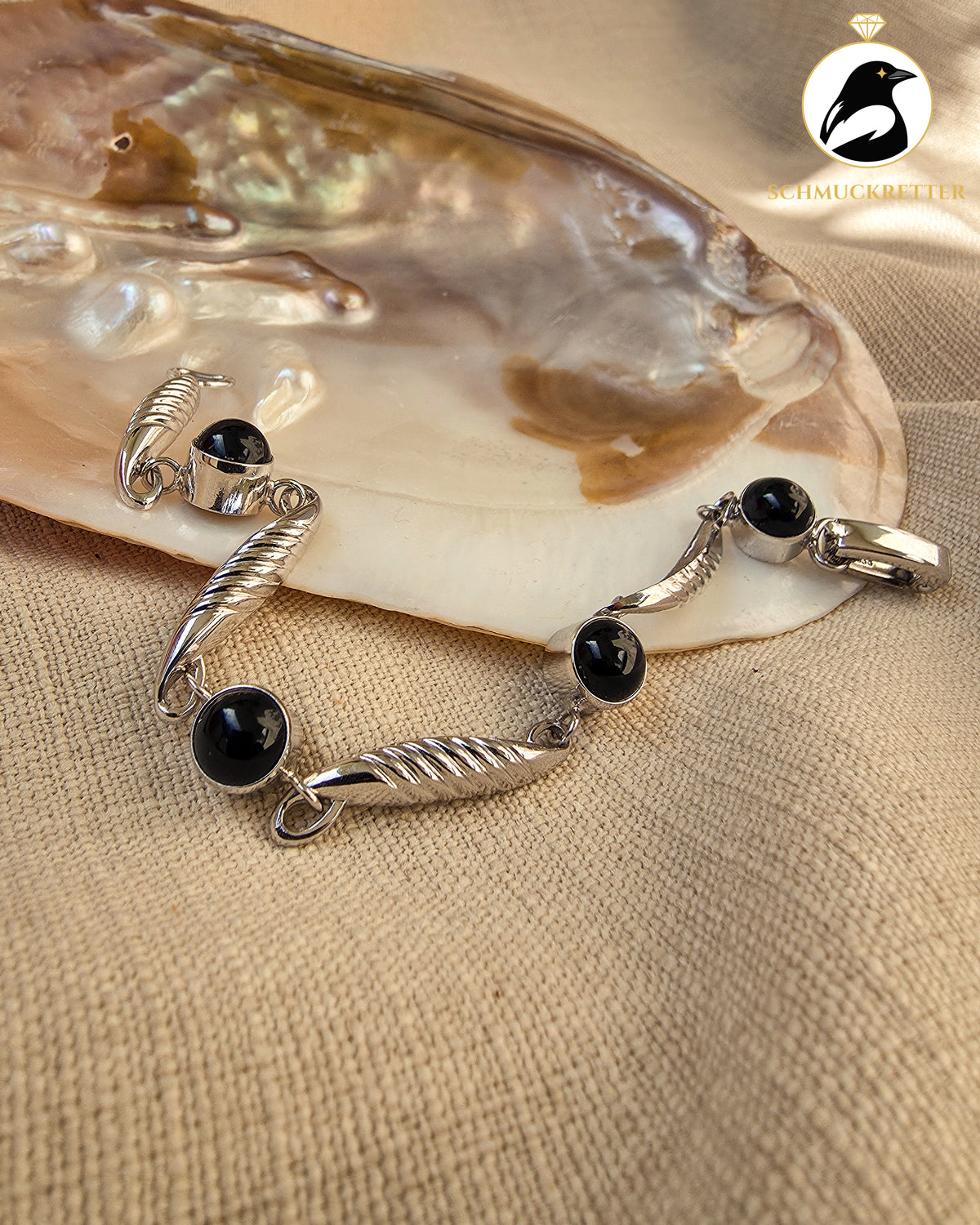 Armband aus rhodiniertem 835 Silber mit Onyx, Vintage