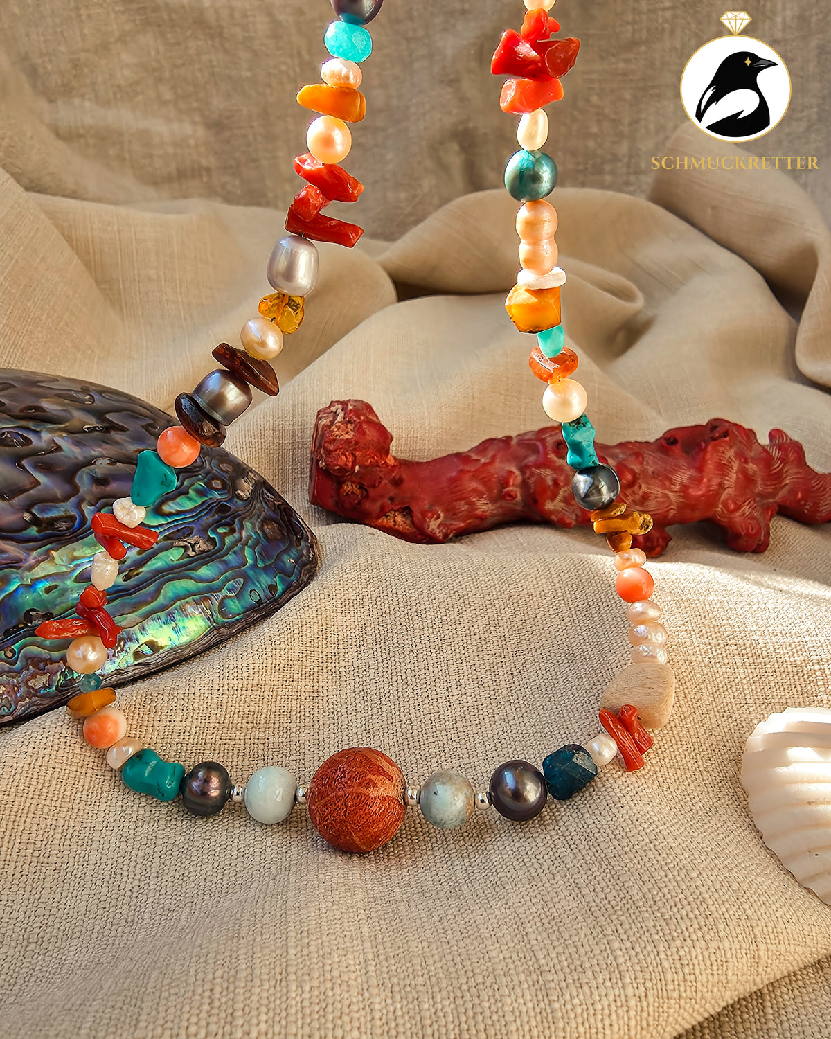 Farben der Karibik – Unikatkette mit Larimar, Koralle, Perlen & Türkis